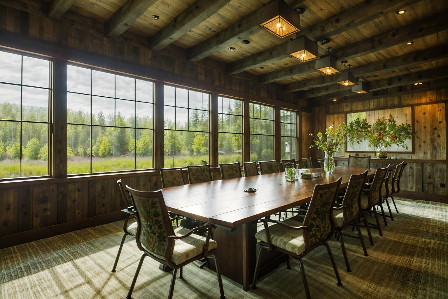 cottagecore-style (meeting room interior) with glass walls and boardroom table and cabinets and vase and glass doors and plant and office chairs and painting or photo on wall. . with earthy and floral patterns and traditional and muted colors and natural and cottage style and country style and rustic. . cinematic photo, highly detailed, cinematic lighting, ultra-detailed, ultrarealistic, photorealism, 8k. cottagecore interior design style. masterpiece, cinematic light, ultrarealistic+, photorealistic+, 8k, raw photo, realistic, sharp focus on eyes, (symmetrical eyes), (intact eyes), hyperrealistic, highest quality, best quality, , highly detailed, masterpiece, best quality, extremely detailed 8k wallpaper, masterpiece, best quality, ultra-detailed, best shadow, detailed background, detailed face, detailed eyes, high contrast, best illumination, detailed face, dulux, caustic, dynamic angle, detailed glow. dramatic lighting. highly detailed, insanely detailed hair, symmetrical, intricate details, professionally retouched, 8k high definition. strong bokeh. award winning photo.