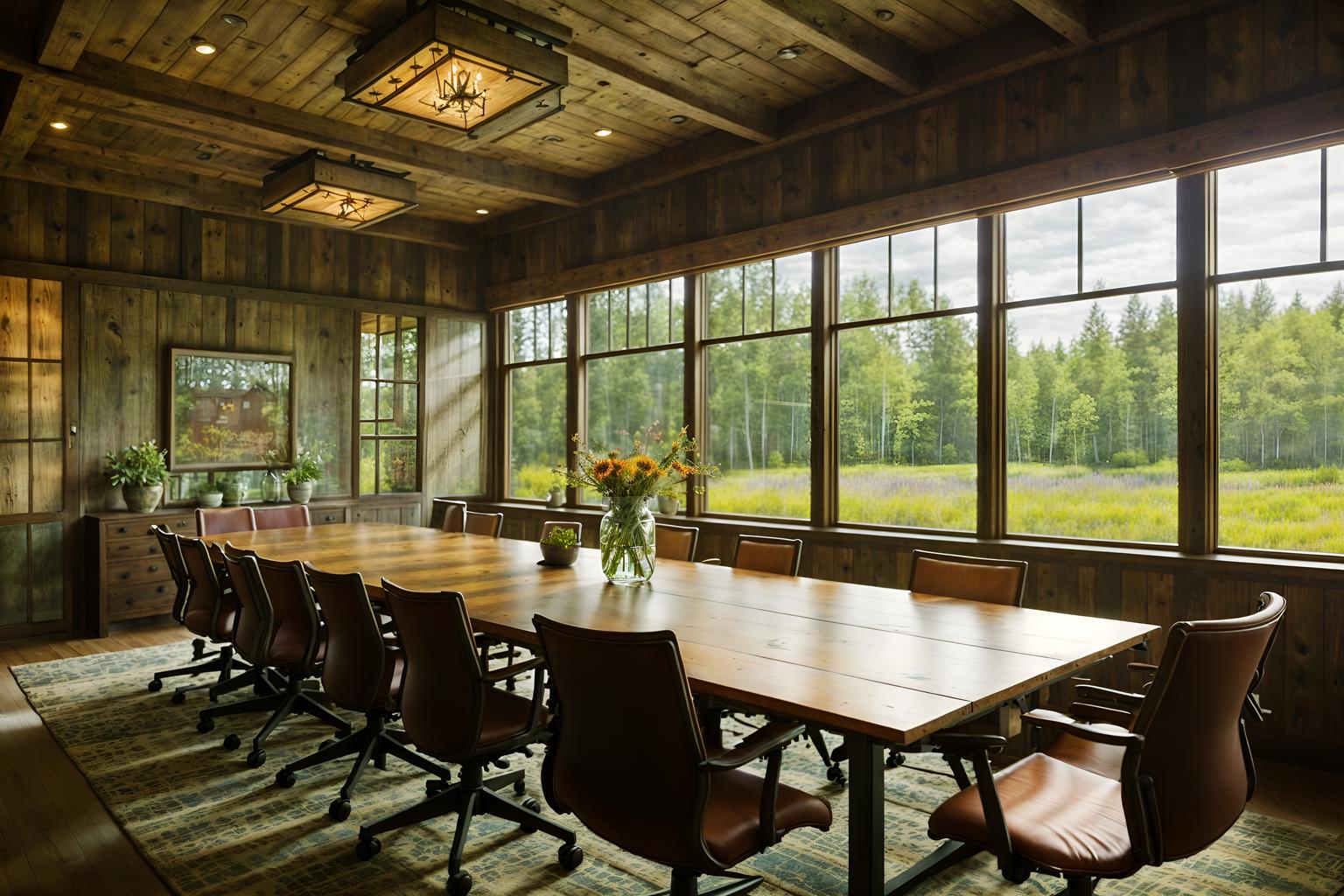 cottagecore-style (meeting room interior) with glass walls and boardroom table and cabinets and vase and glass doors and plant and office chairs and painting or photo on wall. . with earthy and floral patterns and traditional and muted colors and natural and cottage style and country style and rustic. . cinematic photo, highly detailed, cinematic lighting, ultra-detailed, ultrarealistic, photorealism, 8k. cottagecore interior design style. masterpiece, cinematic light, ultrarealistic+, photorealistic+, 8k, raw photo, realistic, sharp focus on eyes, (symmetrical eyes), (intact eyes), hyperrealistic, highest quality, best quality, , highly detailed, masterpiece, best quality, extremely detailed 8k wallpaper, masterpiece, best quality, ultra-detailed, best shadow, detailed background, detailed face, detailed eyes, high contrast, best illumination, detailed face, dulux, caustic, dynamic angle, detailed glow. dramatic lighting. highly detailed, insanely detailed hair, symmetrical, intricate details, professionally retouched, 8k high definition. strong bokeh. award winning photo.