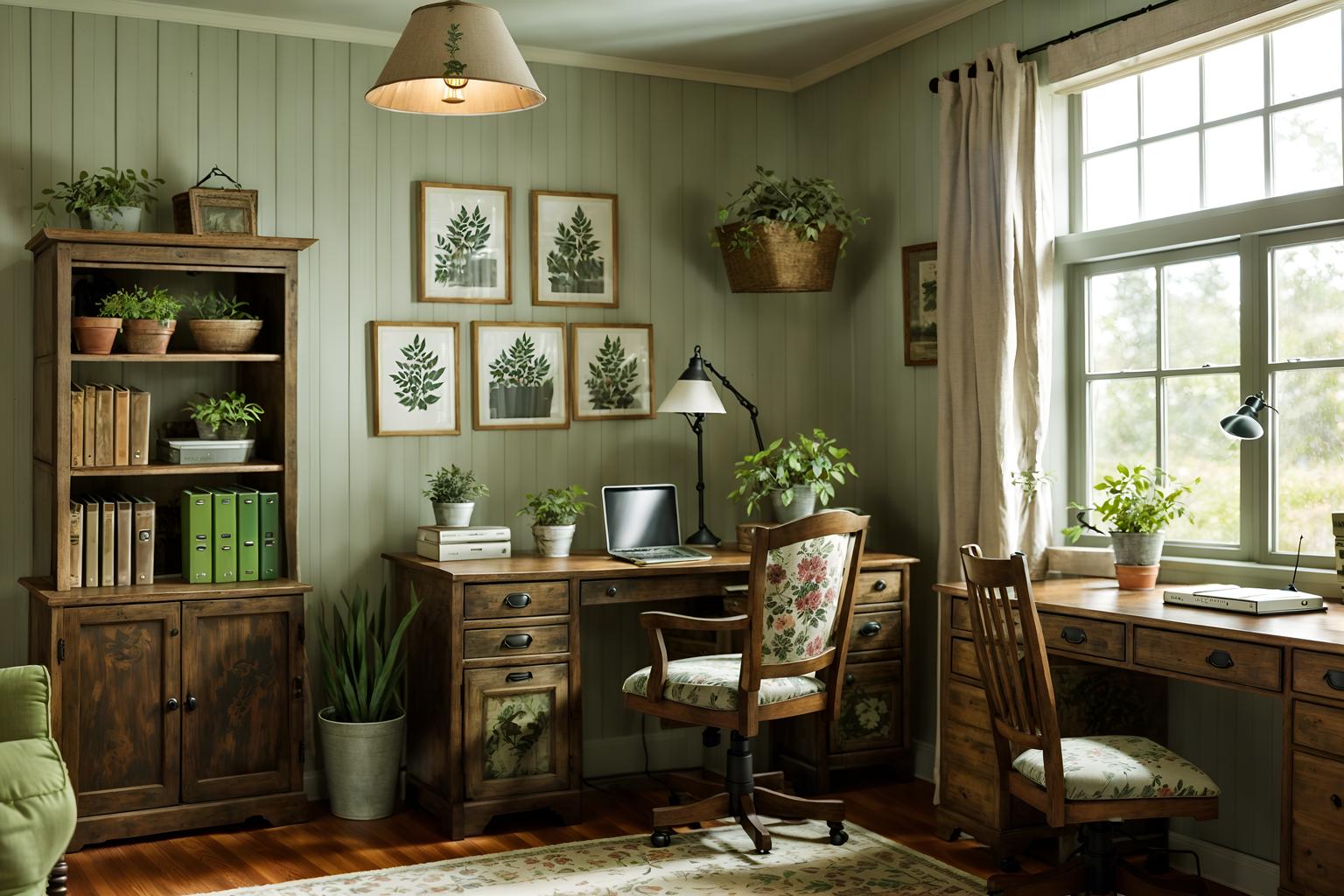 cottagecore-style (home office interior) with plant and cabinets and office chair and desk lamp and computer desk and plant. . with traditional and country style and floral patterns and organic and muted colors and cottage style and rustic and natural. . cinematic photo, highly detailed, cinematic lighting, ultra-detailed, ultrarealistic, photorealism, 8k. cottagecore interior design style. masterpiece, cinematic light, ultrarealistic+, photorealistic+, 8k, raw photo, realistic, sharp focus on eyes, (symmetrical eyes), (intact eyes), hyperrealistic, highest quality, best quality, , highly detailed, masterpiece, best quality, extremely detailed 8k wallpaper, masterpiece, best quality, ultra-detailed, best shadow, detailed background, detailed face, detailed eyes, high contrast, best illumination, detailed face, dulux, caustic, dynamic angle, detailed glow. dramatic lighting. highly detailed, insanely detailed hair, symmetrical, intricate details, professionally retouched, 8k high definition. strong bokeh. award winning photo.