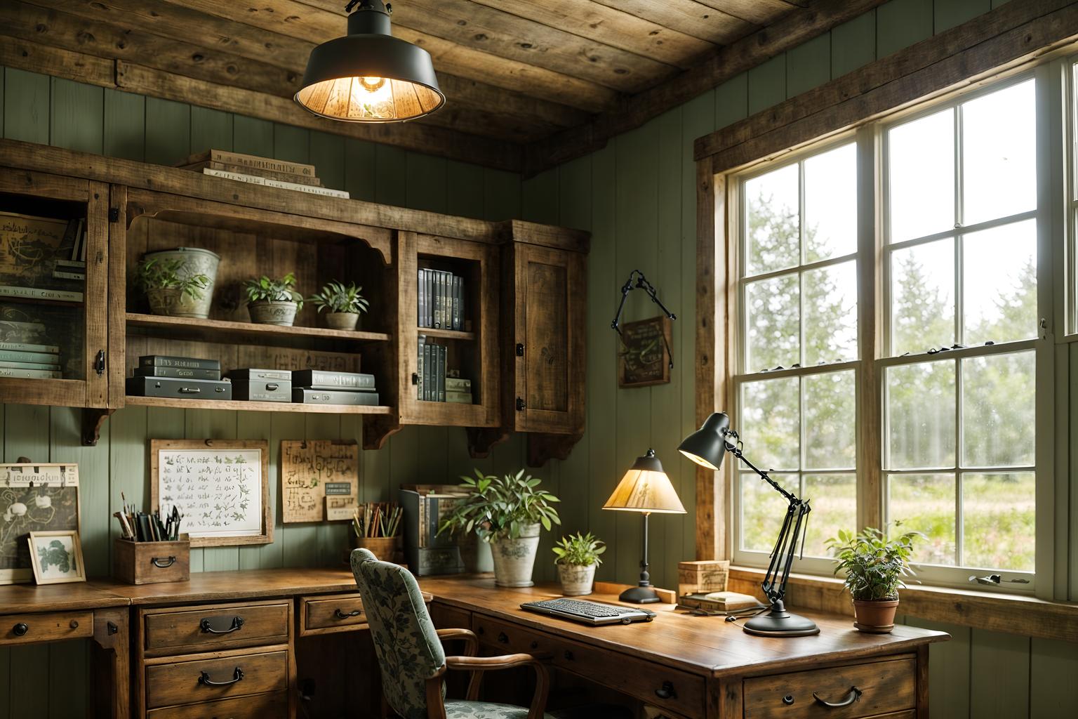 cottagecore-style (home office interior) with plant and cabinets and office chair and desk lamp and computer desk and plant. . with traditional and country style and floral patterns and organic and muted colors and cottage style and rustic and natural. . cinematic photo, highly detailed, cinematic lighting, ultra-detailed, ultrarealistic, photorealism, 8k. cottagecore interior design style. masterpiece, cinematic light, ultrarealistic+, photorealistic+, 8k, raw photo, realistic, sharp focus on eyes, (symmetrical eyes), (intact eyes), hyperrealistic, highest quality, best quality, , highly detailed, masterpiece, best quality, extremely detailed 8k wallpaper, masterpiece, best quality, ultra-detailed, best shadow, detailed background, detailed face, detailed eyes, high contrast, best illumination, detailed face, dulux, caustic, dynamic angle, detailed glow. dramatic lighting. highly detailed, insanely detailed hair, symmetrical, intricate details, professionally retouched, 8k high definition. strong bokeh. award winning photo.