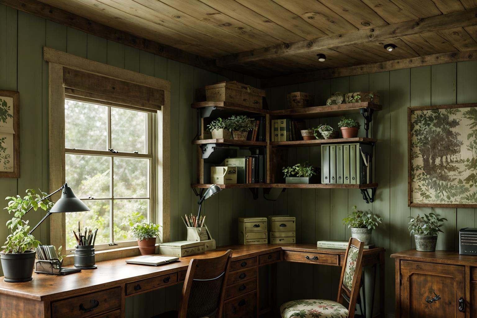 cottagecore-style (home office interior) with plant and cabinets and office chair and desk lamp and computer desk and plant. . with traditional and country style and floral patterns and organic and muted colors and cottage style and rustic and natural. . cinematic photo, highly detailed, cinematic lighting, ultra-detailed, ultrarealistic, photorealism, 8k. cottagecore interior design style. masterpiece, cinematic light, ultrarealistic+, photorealistic+, 8k, raw photo, realistic, sharp focus on eyes, (symmetrical eyes), (intact eyes), hyperrealistic, highest quality, best quality, , highly detailed, masterpiece, best quality, extremely detailed 8k wallpaper, masterpiece, best quality, ultra-detailed, best shadow, detailed background, detailed face, detailed eyes, high contrast, best illumination, detailed face, dulux, caustic, dynamic angle, detailed glow. dramatic lighting. highly detailed, insanely detailed hair, symmetrical, intricate details, professionally retouched, 8k high definition. strong bokeh. award winning photo.