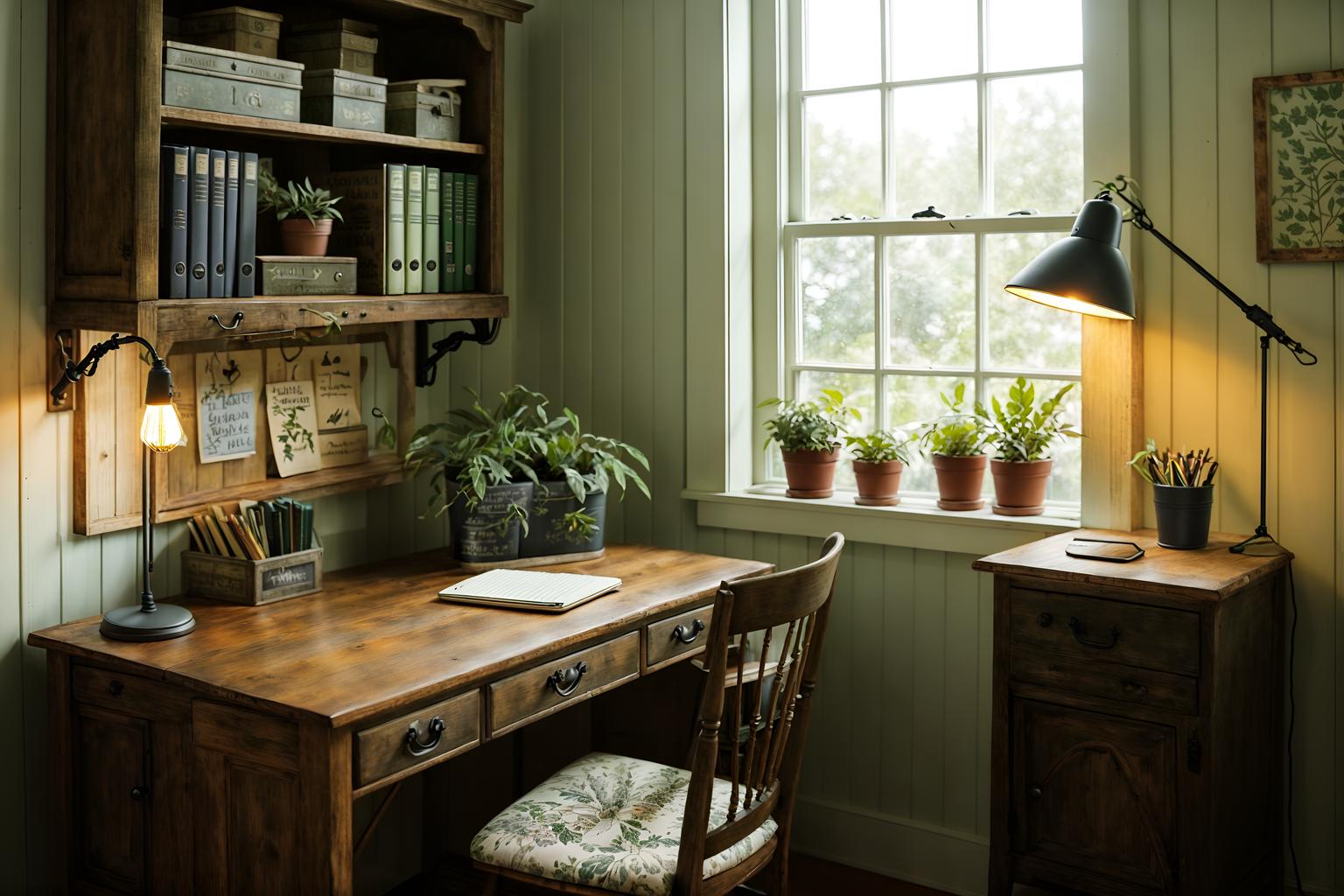 cottagecore-style (home office interior) with plant and cabinets and office chair and desk lamp and computer desk and plant. . with traditional and country style and floral patterns and organic and muted colors and cottage style and rustic and natural. . cinematic photo, highly detailed, cinematic lighting, ultra-detailed, ultrarealistic, photorealism, 8k. cottagecore interior design style. masterpiece, cinematic light, ultrarealistic+, photorealistic+, 8k, raw photo, realistic, sharp focus on eyes, (symmetrical eyes), (intact eyes), hyperrealistic, highest quality, best quality, , highly detailed, masterpiece, best quality, extremely detailed 8k wallpaper, masterpiece, best quality, ultra-detailed, best shadow, detailed background, detailed face, detailed eyes, high contrast, best illumination, detailed face, dulux, caustic, dynamic angle, detailed glow. dramatic lighting. highly detailed, insanely detailed hair, symmetrical, intricate details, professionally retouched, 8k high definition. strong bokeh. award winning photo.