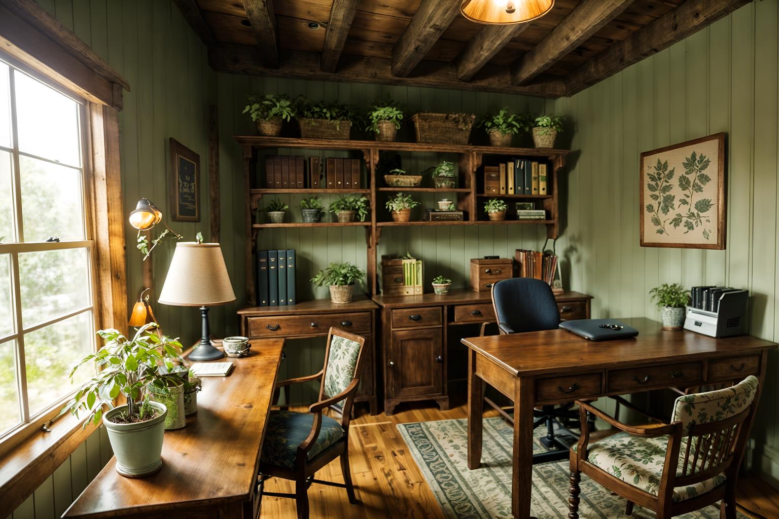 cottagecore-style (home office interior) with plant and cabinets and office chair and desk lamp and computer desk and plant. . with traditional and country style and floral patterns and organic and muted colors and cottage style and rustic and natural. . cinematic photo, highly detailed, cinematic lighting, ultra-detailed, ultrarealistic, photorealism, 8k. cottagecore interior design style. masterpiece, cinematic light, ultrarealistic+, photorealistic+, 8k, raw photo, realistic, sharp focus on eyes, (symmetrical eyes), (intact eyes), hyperrealistic, highest quality, best quality, , highly detailed, masterpiece, best quality, extremely detailed 8k wallpaper, masterpiece, best quality, ultra-detailed, best shadow, detailed background, detailed face, detailed eyes, high contrast, best illumination, detailed face, dulux, caustic, dynamic angle, detailed glow. dramatic lighting. highly detailed, insanely detailed hair, symmetrical, intricate details, professionally retouched, 8k high definition. strong bokeh. award winning photo.