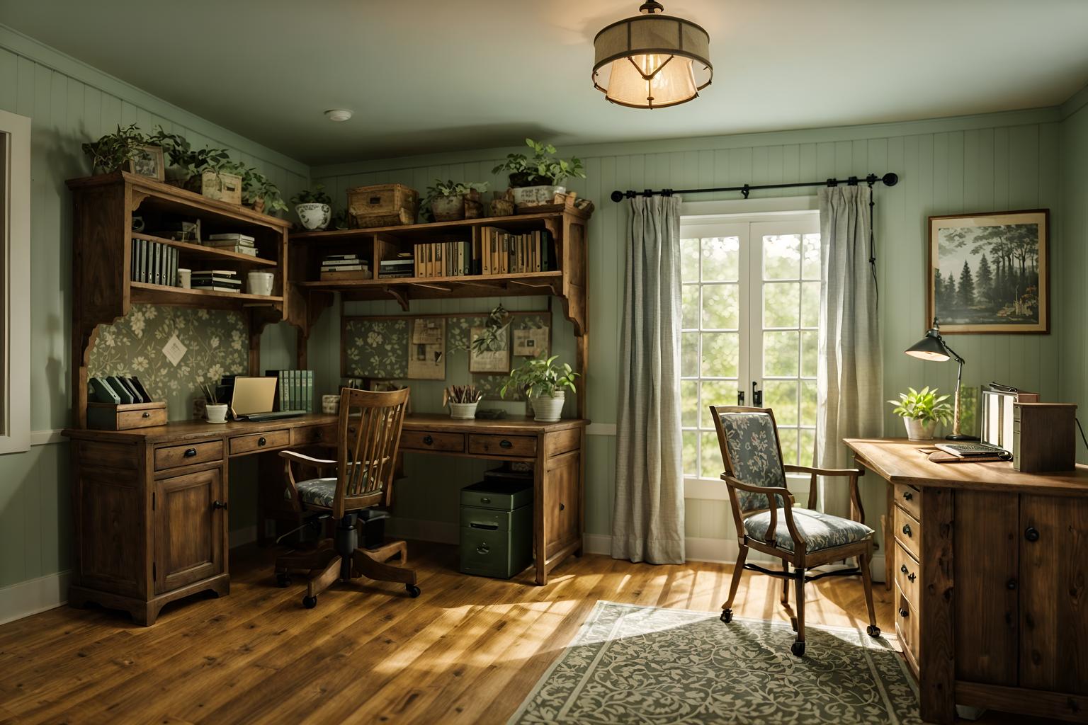 cottagecore-style (home office interior) with plant and cabinets and office chair and desk lamp and computer desk and plant. . with traditional and country style and floral patterns and organic and muted colors and cottage style and rustic and natural. . cinematic photo, highly detailed, cinematic lighting, ultra-detailed, ultrarealistic, photorealism, 8k. cottagecore interior design style. masterpiece, cinematic light, ultrarealistic+, photorealistic+, 8k, raw photo, realistic, sharp focus on eyes, (symmetrical eyes), (intact eyes), hyperrealistic, highest quality, best quality, , highly detailed, masterpiece, best quality, extremely detailed 8k wallpaper, masterpiece, best quality, ultra-detailed, best shadow, detailed background, detailed face, detailed eyes, high contrast, best illumination, detailed face, dulux, caustic, dynamic angle, detailed glow. dramatic lighting. highly detailed, insanely detailed hair, symmetrical, intricate details, professionally retouched, 8k high definition. strong bokeh. award winning photo.