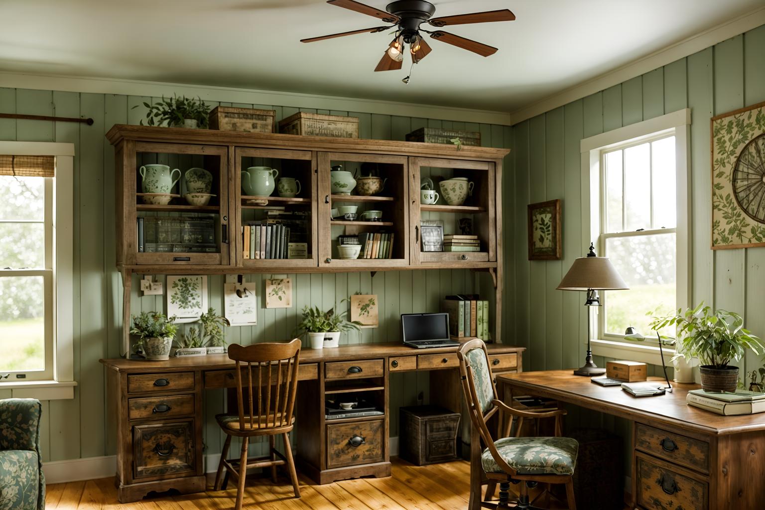 cottagecore-style (home office interior) with plant and cabinets and office chair and desk lamp and computer desk and plant. . with traditional and country style and floral patterns and organic and muted colors and cottage style and rustic and natural. . cinematic photo, highly detailed, cinematic lighting, ultra-detailed, ultrarealistic, photorealism, 8k. cottagecore interior design style. masterpiece, cinematic light, ultrarealistic+, photorealistic+, 8k, raw photo, realistic, sharp focus on eyes, (symmetrical eyes), (intact eyes), hyperrealistic, highest quality, best quality, , highly detailed, masterpiece, best quality, extremely detailed 8k wallpaper, masterpiece, best quality, ultra-detailed, best shadow, detailed background, detailed face, detailed eyes, high contrast, best illumination, detailed face, dulux, caustic, dynamic angle, detailed glow. dramatic lighting. highly detailed, insanely detailed hair, symmetrical, intricate details, professionally retouched, 8k high definition. strong bokeh. award winning photo.