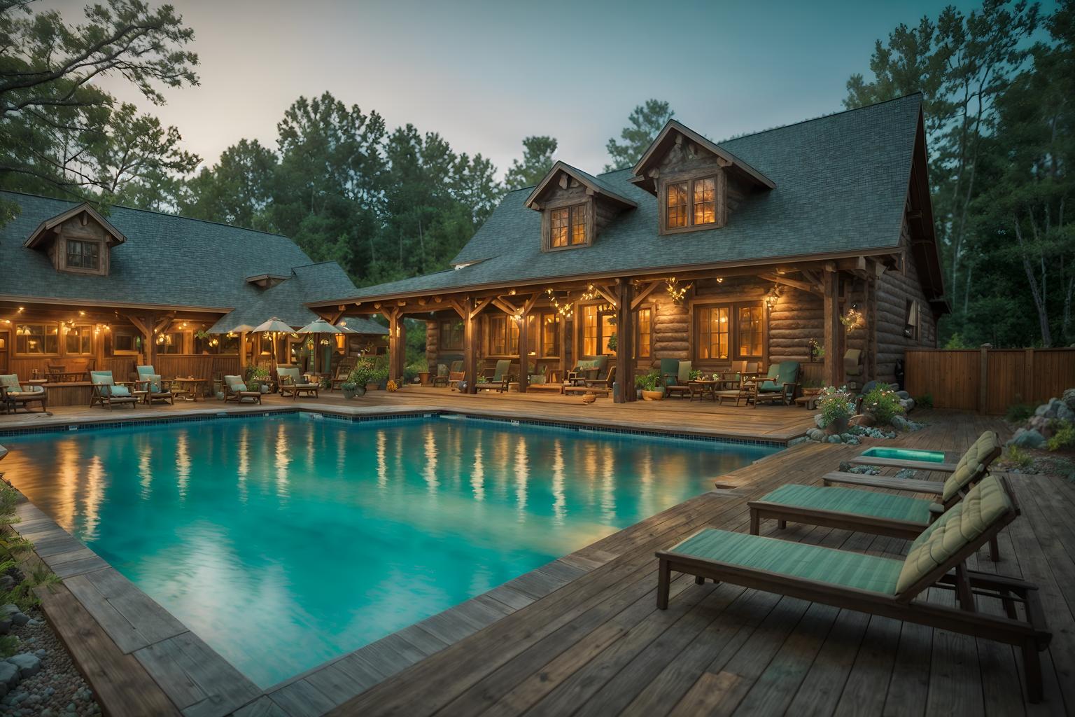 cottagecore-style designed (outdoor pool area ) with pool lights and pool lounge chairs and pool and pool lights. . with earthy and muted colors and organic and rustic and floral patterns and natural and traditional and cottage style. . cinematic photo, highly detailed, cinematic lighting, ultra-detailed, ultrarealistic, photorealism, 8k. cottagecore design style. masterpiece, cinematic light, ultrarealistic+, photorealistic+, 8k, raw photo, realistic, sharp focus on eyes, (symmetrical eyes), (intact eyes), hyperrealistic, highest quality, best quality, , highly detailed, masterpiece, best quality, extremely detailed 8k wallpaper, masterpiece, best quality, ultra-detailed, best shadow, detailed background, detailed face, detailed eyes, high contrast, best illumination, detailed face, dulux, caustic, dynamic angle, detailed glow. dramatic lighting. highly detailed, insanely detailed hair, symmetrical, intricate details, professionally retouched, 8k high definition. strong bokeh. award winning photo.