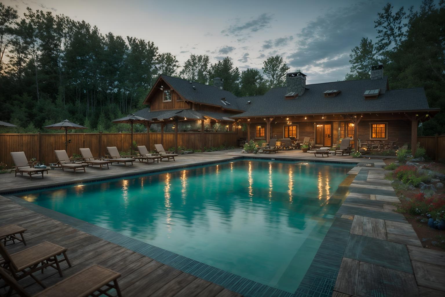 cottagecore-style designed (outdoor pool area ) with pool lights and pool lounge chairs and pool and pool lights. . with earthy and muted colors and organic and rustic and floral patterns and natural and traditional and cottage style. . cinematic photo, highly detailed, cinematic lighting, ultra-detailed, ultrarealistic, photorealism, 8k. cottagecore design style. masterpiece, cinematic light, ultrarealistic+, photorealistic+, 8k, raw photo, realistic, sharp focus on eyes, (symmetrical eyes), (intact eyes), hyperrealistic, highest quality, best quality, , highly detailed, masterpiece, best quality, extremely detailed 8k wallpaper, masterpiece, best quality, ultra-detailed, best shadow, detailed background, detailed face, detailed eyes, high contrast, best illumination, detailed face, dulux, caustic, dynamic angle, detailed glow. dramatic lighting. highly detailed, insanely detailed hair, symmetrical, intricate details, professionally retouched, 8k high definition. strong bokeh. award winning photo.