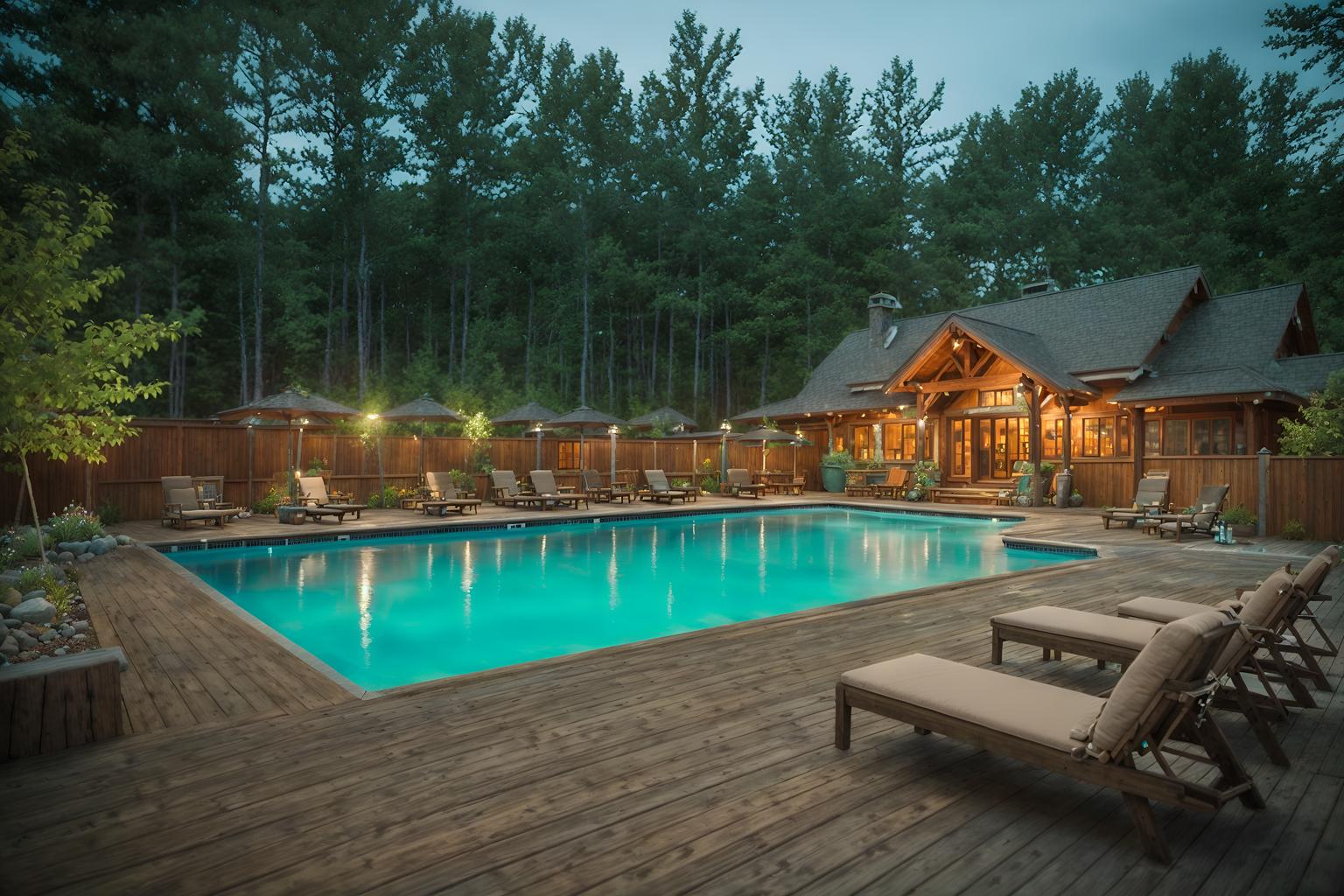 cottagecore-style designed (outdoor pool area ) with pool lights and pool lounge chairs and pool and pool lights. . with earthy and muted colors and organic and rustic and floral patterns and natural and traditional and cottage style. . cinematic photo, highly detailed, cinematic lighting, ultra-detailed, ultrarealistic, photorealism, 8k. cottagecore design style. masterpiece, cinematic light, ultrarealistic+, photorealistic+, 8k, raw photo, realistic, sharp focus on eyes, (symmetrical eyes), (intact eyes), hyperrealistic, highest quality, best quality, , highly detailed, masterpiece, best quality, extremely detailed 8k wallpaper, masterpiece, best quality, ultra-detailed, best shadow, detailed background, detailed face, detailed eyes, high contrast, best illumination, detailed face, dulux, caustic, dynamic angle, detailed glow. dramatic lighting. highly detailed, insanely detailed hair, symmetrical, intricate details, professionally retouched, 8k high definition. strong bokeh. award winning photo.