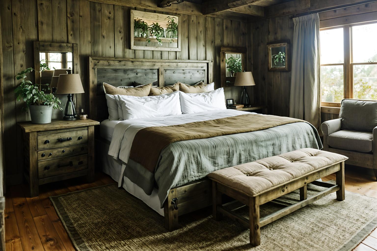 cottagecore-style (hotel room interior) with bed and mirror and night light and hotel bathroom and plant and storage bench or ottoman and bedside table or night stand and accent chair. . with earthy and natural and country style and rustic and traditional and cottage style and muted colors and organic. . cinematic photo, highly detailed, cinematic lighting, ultra-detailed, ultrarealistic, photorealism, 8k. cottagecore interior design style. masterpiece, cinematic light, ultrarealistic+, photorealistic+, 8k, raw photo, realistic, sharp focus on eyes, (symmetrical eyes), (intact eyes), hyperrealistic, highest quality, best quality, , highly detailed, masterpiece, best quality, extremely detailed 8k wallpaper, masterpiece, best quality, ultra-detailed, best shadow, detailed background, detailed face, detailed eyes, high contrast, best illumination, detailed face, dulux, caustic, dynamic angle, detailed glow. dramatic lighting. highly detailed, insanely detailed hair, symmetrical, intricate details, professionally retouched, 8k high definition. strong bokeh. award winning photo.