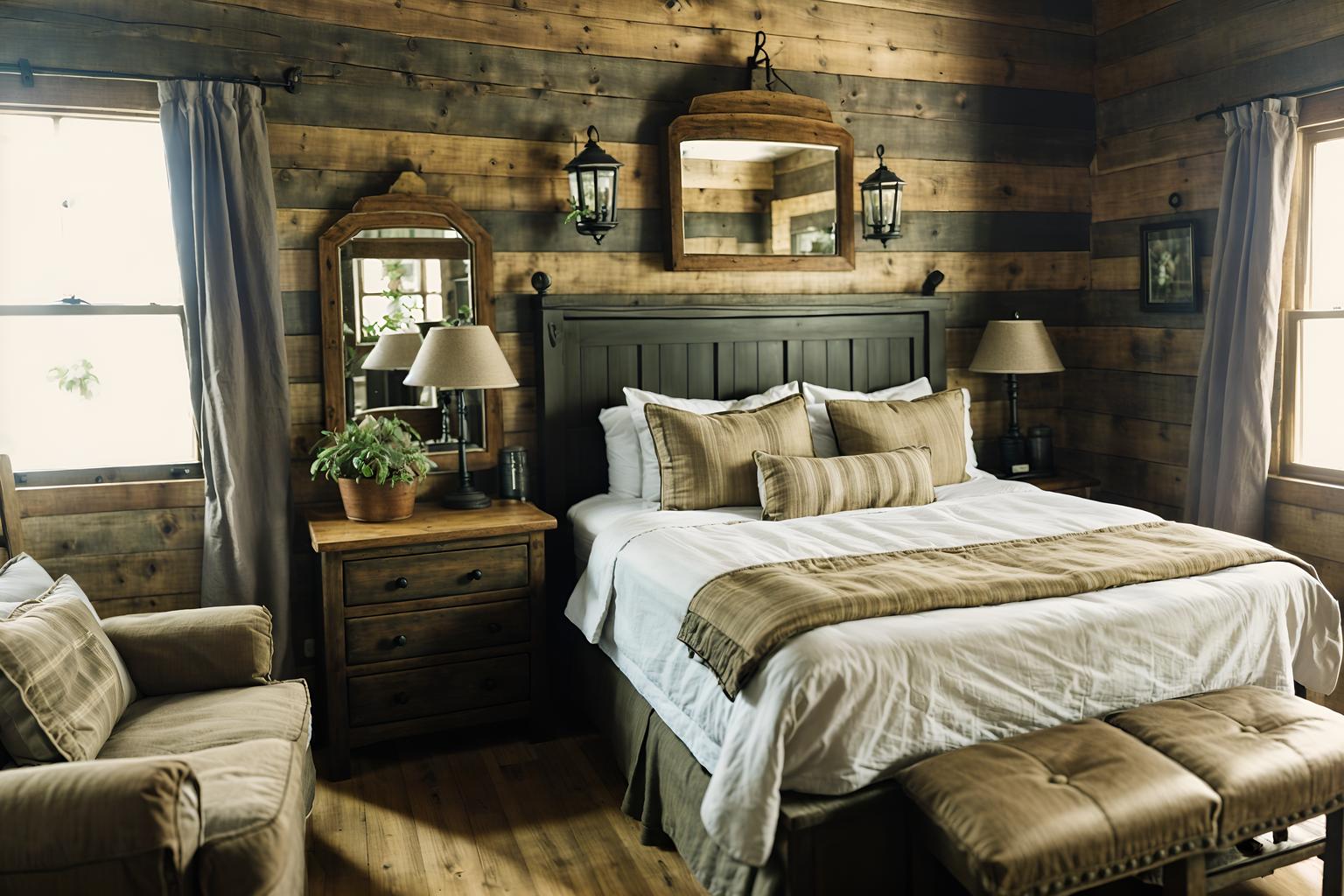 cottagecore-style (hotel room interior) with bed and mirror and night light and hotel bathroom and plant and storage bench or ottoman and bedside table or night stand and accent chair. . with earthy and natural and country style and rustic and traditional and cottage style and muted colors and organic. . cinematic photo, highly detailed, cinematic lighting, ultra-detailed, ultrarealistic, photorealism, 8k. cottagecore interior design style. masterpiece, cinematic light, ultrarealistic+, photorealistic+, 8k, raw photo, realistic, sharp focus on eyes, (symmetrical eyes), (intact eyes), hyperrealistic, highest quality, best quality, , highly detailed, masterpiece, best quality, extremely detailed 8k wallpaper, masterpiece, best quality, ultra-detailed, best shadow, detailed background, detailed face, detailed eyes, high contrast, best illumination, detailed face, dulux, caustic, dynamic angle, detailed glow. dramatic lighting. highly detailed, insanely detailed hair, symmetrical, intricate details, professionally retouched, 8k high definition. strong bokeh. award winning photo.