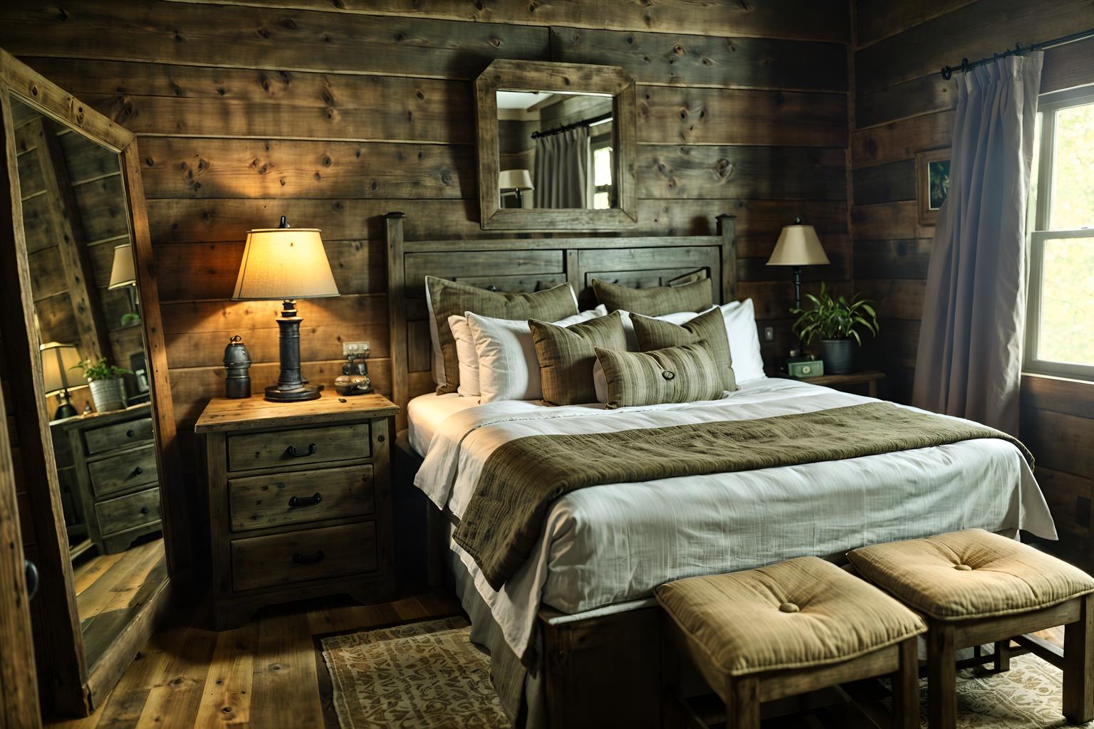 cottagecore-style (hotel room interior) with bed and mirror and night light and hotel bathroom and plant and storage bench or ottoman and bedside table or night stand and accent chair. . with earthy and natural and country style and rustic and traditional and cottage style and muted colors and organic. . cinematic photo, highly detailed, cinematic lighting, ultra-detailed, ultrarealistic, photorealism, 8k. cottagecore interior design style. masterpiece, cinematic light, ultrarealistic+, photorealistic+, 8k, raw photo, realistic, sharp focus on eyes, (symmetrical eyes), (intact eyes), hyperrealistic, highest quality, best quality, , highly detailed, masterpiece, best quality, extremely detailed 8k wallpaper, masterpiece, best quality, ultra-detailed, best shadow, detailed background, detailed face, detailed eyes, high contrast, best illumination, detailed face, dulux, caustic, dynamic angle, detailed glow. dramatic lighting. highly detailed, insanely detailed hair, symmetrical, intricate details, professionally retouched, 8k high definition. strong bokeh. award winning photo.