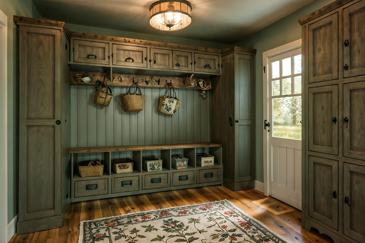 cottagecore-style (drop zone interior) with lockers and a bench and cubbies and shelves for shoes and high up storage and storage drawers and cabinets and wall hooks for coats. . with floral patterns and cottage style and rustic and natural and country style and muted colors and traditional and earthy. . cinematic photo, highly detailed, cinematic lighting, ultra-detailed, ultrarealistic, photorealism, 8k. cottagecore interior design style. masterpiece, cinematic light, ultrarealistic+, photorealistic+, 8k, raw photo, realistic, sharp focus on eyes, (symmetrical eyes), (intact eyes), hyperrealistic, highest quality, best quality, , highly detailed, masterpiece, best quality, extremely detailed 8k wallpaper, masterpiece, best quality, ultra-detailed, best shadow, detailed background, detailed face, detailed eyes, high contrast, best illumination, detailed face, dulux, caustic, dynamic angle, detailed glow. dramatic lighting. highly detailed, insanely detailed hair, symmetrical, intricate details, professionally retouched, 8k high definition. strong bokeh. award winning photo.