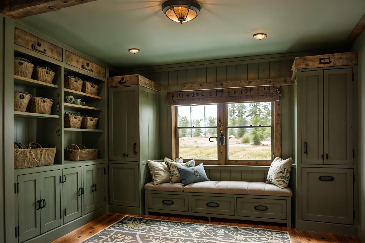 cottagecore-style (drop zone interior) with lockers and a bench and cubbies and shelves for shoes and high up storage and storage drawers and cabinets and wall hooks for coats. . with floral patterns and cottage style and rustic and natural and country style and muted colors and traditional and earthy. . cinematic photo, highly detailed, cinematic lighting, ultra-detailed, ultrarealistic, photorealism, 8k. cottagecore interior design style. masterpiece, cinematic light, ultrarealistic+, photorealistic+, 8k, raw photo, realistic, sharp focus on eyes, (symmetrical eyes), (intact eyes), hyperrealistic, highest quality, best quality, , highly detailed, masterpiece, best quality, extremely detailed 8k wallpaper, masterpiece, best quality, ultra-detailed, best shadow, detailed background, detailed face, detailed eyes, high contrast, best illumination, detailed face, dulux, caustic, dynamic angle, detailed glow. dramatic lighting. highly detailed, insanely detailed hair, symmetrical, intricate details, professionally retouched, 8k high definition. strong bokeh. award winning photo.