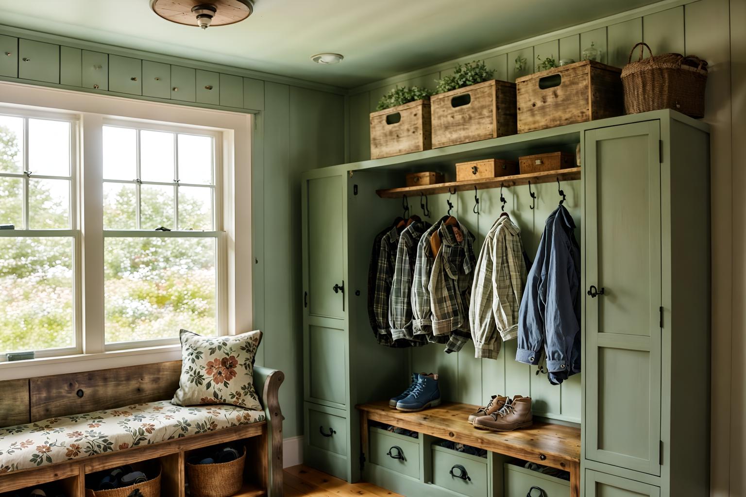 cottagecore-style (drop zone interior) with lockers and a bench and cubbies and shelves for shoes and high up storage and storage drawers and cabinets and wall hooks for coats. . with floral patterns and cottage style and rustic and natural and country style and muted colors and traditional and earthy. . cinematic photo, highly detailed, cinematic lighting, ultra-detailed, ultrarealistic, photorealism, 8k. cottagecore interior design style. masterpiece, cinematic light, ultrarealistic+, photorealistic+, 8k, raw photo, realistic, sharp focus on eyes, (symmetrical eyes), (intact eyes), hyperrealistic, highest quality, best quality, , highly detailed, masterpiece, best quality, extremely detailed 8k wallpaper, masterpiece, best quality, ultra-detailed, best shadow, detailed background, detailed face, detailed eyes, high contrast, best illumination, detailed face, dulux, caustic, dynamic angle, detailed glow. dramatic lighting. highly detailed, insanely detailed hair, symmetrical, intricate details, professionally retouched, 8k high definition. strong bokeh. award winning photo.