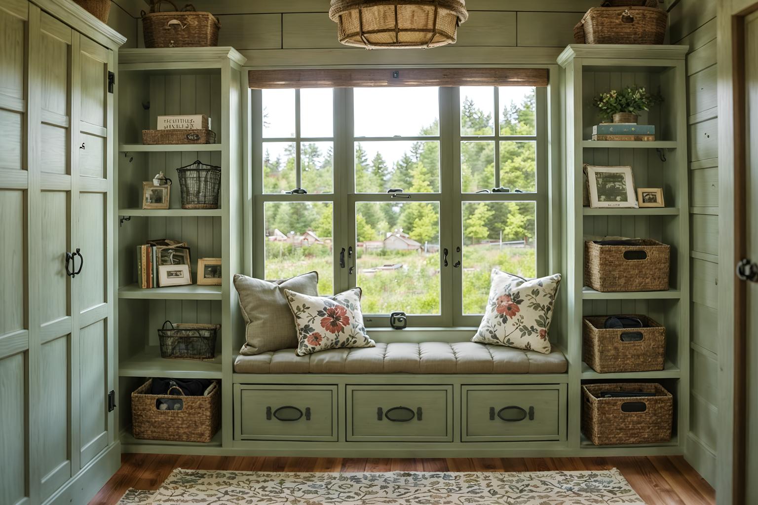 cottagecore-style (drop zone interior) with lockers and a bench and cubbies and shelves for shoes and high up storage and storage drawers and cabinets and wall hooks for coats. . with floral patterns and cottage style and rustic and natural and country style and muted colors and traditional and earthy. . cinematic photo, highly detailed, cinematic lighting, ultra-detailed, ultrarealistic, photorealism, 8k. cottagecore interior design style. masterpiece, cinematic light, ultrarealistic+, photorealistic+, 8k, raw photo, realistic, sharp focus on eyes, (symmetrical eyes), (intact eyes), hyperrealistic, highest quality, best quality, , highly detailed, masterpiece, best quality, extremely detailed 8k wallpaper, masterpiece, best quality, ultra-detailed, best shadow, detailed background, detailed face, detailed eyes, high contrast, best illumination, detailed face, dulux, caustic, dynamic angle, detailed glow. dramatic lighting. highly detailed, insanely detailed hair, symmetrical, intricate details, professionally retouched, 8k high definition. strong bokeh. award winning photo.