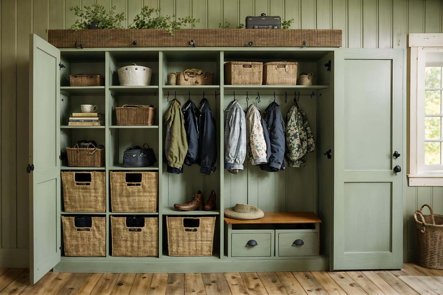 cottagecore-style (drop zone interior) with lockers and a bench and cubbies and shelves for shoes and high up storage and storage drawers and cabinets and wall hooks for coats. . with floral patterns and cottage style and rustic and natural and country style and muted colors and traditional and earthy. . cinematic photo, highly detailed, cinematic lighting, ultra-detailed, ultrarealistic, photorealism, 8k. cottagecore interior design style. masterpiece, cinematic light, ultrarealistic+, photorealistic+, 8k, raw photo, realistic, sharp focus on eyes, (symmetrical eyes), (intact eyes), hyperrealistic, highest quality, best quality, , highly detailed, masterpiece, best quality, extremely detailed 8k wallpaper, masterpiece, best quality, ultra-detailed, best shadow, detailed background, detailed face, detailed eyes, high contrast, best illumination, detailed face, dulux, caustic, dynamic angle, detailed glow. dramatic lighting. highly detailed, insanely detailed hair, symmetrical, intricate details, professionally retouched, 8k high definition. strong bokeh. award winning photo.