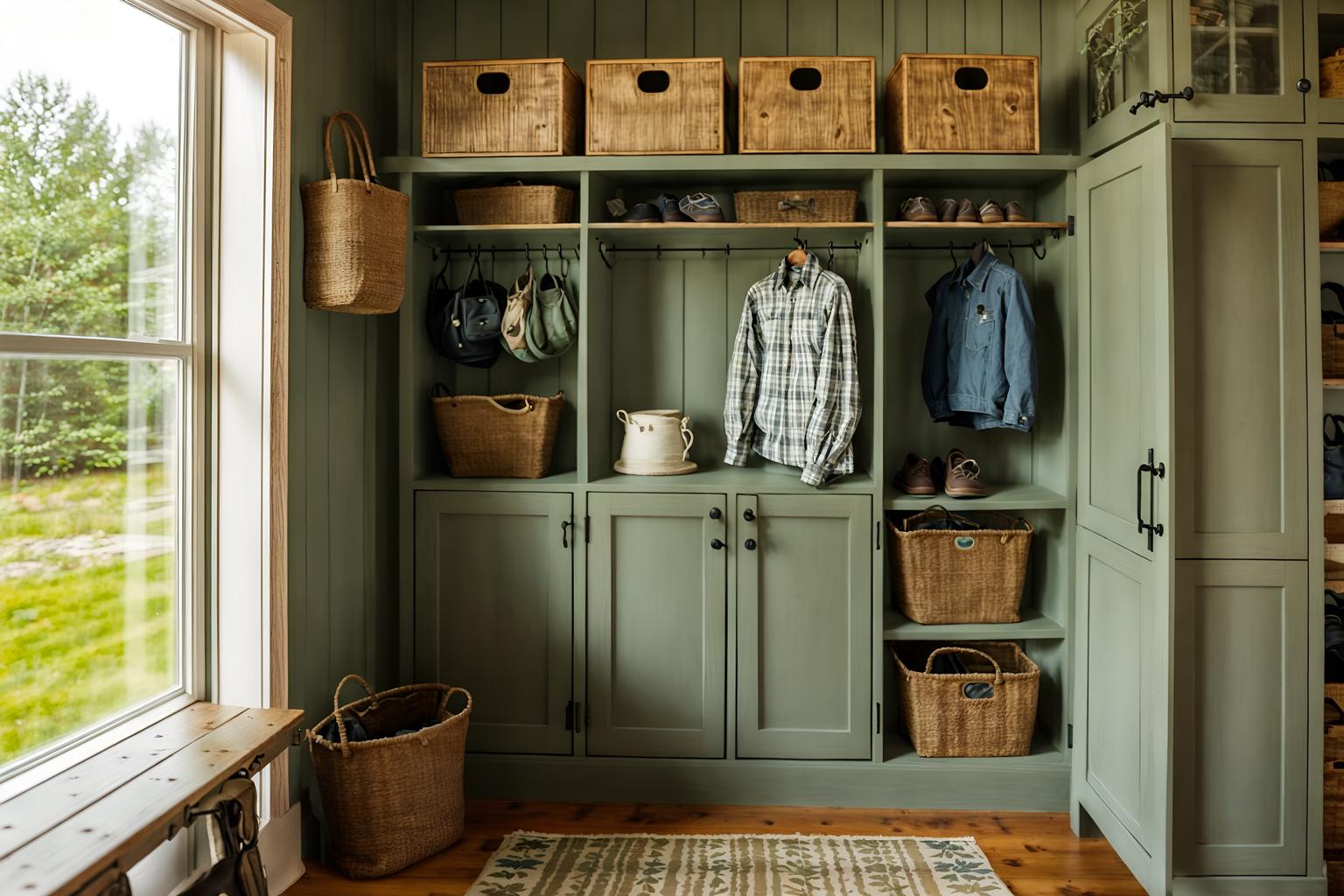 cottagecore-style (drop zone interior) with lockers and a bench and cubbies and shelves for shoes and high up storage and storage drawers and cabinets and wall hooks for coats. . with floral patterns and cottage style and rustic and natural and country style and muted colors and traditional and earthy. . cinematic photo, highly detailed, cinematic lighting, ultra-detailed, ultrarealistic, photorealism, 8k. cottagecore interior design style. masterpiece, cinematic light, ultrarealistic+, photorealistic+, 8k, raw photo, realistic, sharp focus on eyes, (symmetrical eyes), (intact eyes), hyperrealistic, highest quality, best quality, , highly detailed, masterpiece, best quality, extremely detailed 8k wallpaper, masterpiece, best quality, ultra-detailed, best shadow, detailed background, detailed face, detailed eyes, high contrast, best illumination, detailed face, dulux, caustic, dynamic angle, detailed glow. dramatic lighting. highly detailed, insanely detailed hair, symmetrical, intricate details, professionally retouched, 8k high definition. strong bokeh. award winning photo.