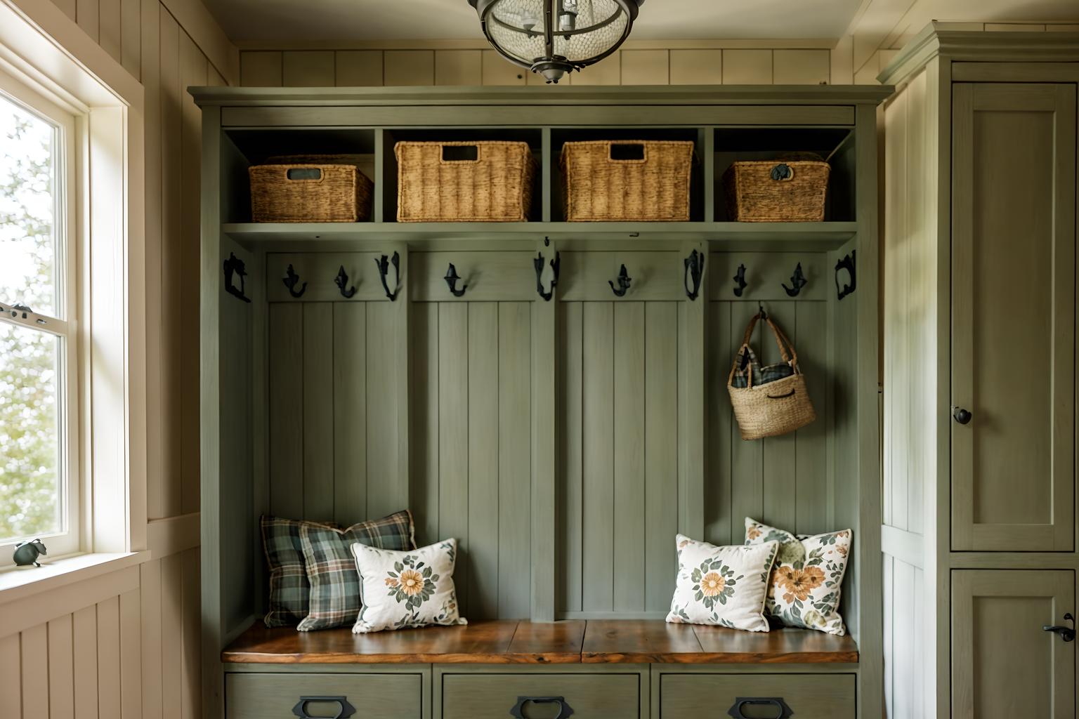 cottagecore-style (drop zone interior) with lockers and a bench and cubbies and shelves for shoes and high up storage and storage drawers and cabinets and wall hooks for coats. . with floral patterns and cottage style and rustic and natural and country style and muted colors and traditional and earthy. . cinematic photo, highly detailed, cinematic lighting, ultra-detailed, ultrarealistic, photorealism, 8k. cottagecore interior design style. masterpiece, cinematic light, ultrarealistic+, photorealistic+, 8k, raw photo, realistic, sharp focus on eyes, (symmetrical eyes), (intact eyes), hyperrealistic, highest quality, best quality, , highly detailed, masterpiece, best quality, extremely detailed 8k wallpaper, masterpiece, best quality, ultra-detailed, best shadow, detailed background, detailed face, detailed eyes, high contrast, best illumination, detailed face, dulux, caustic, dynamic angle, detailed glow. dramatic lighting. highly detailed, insanely detailed hair, symmetrical, intricate details, professionally retouched, 8k high definition. strong bokeh. award winning photo.