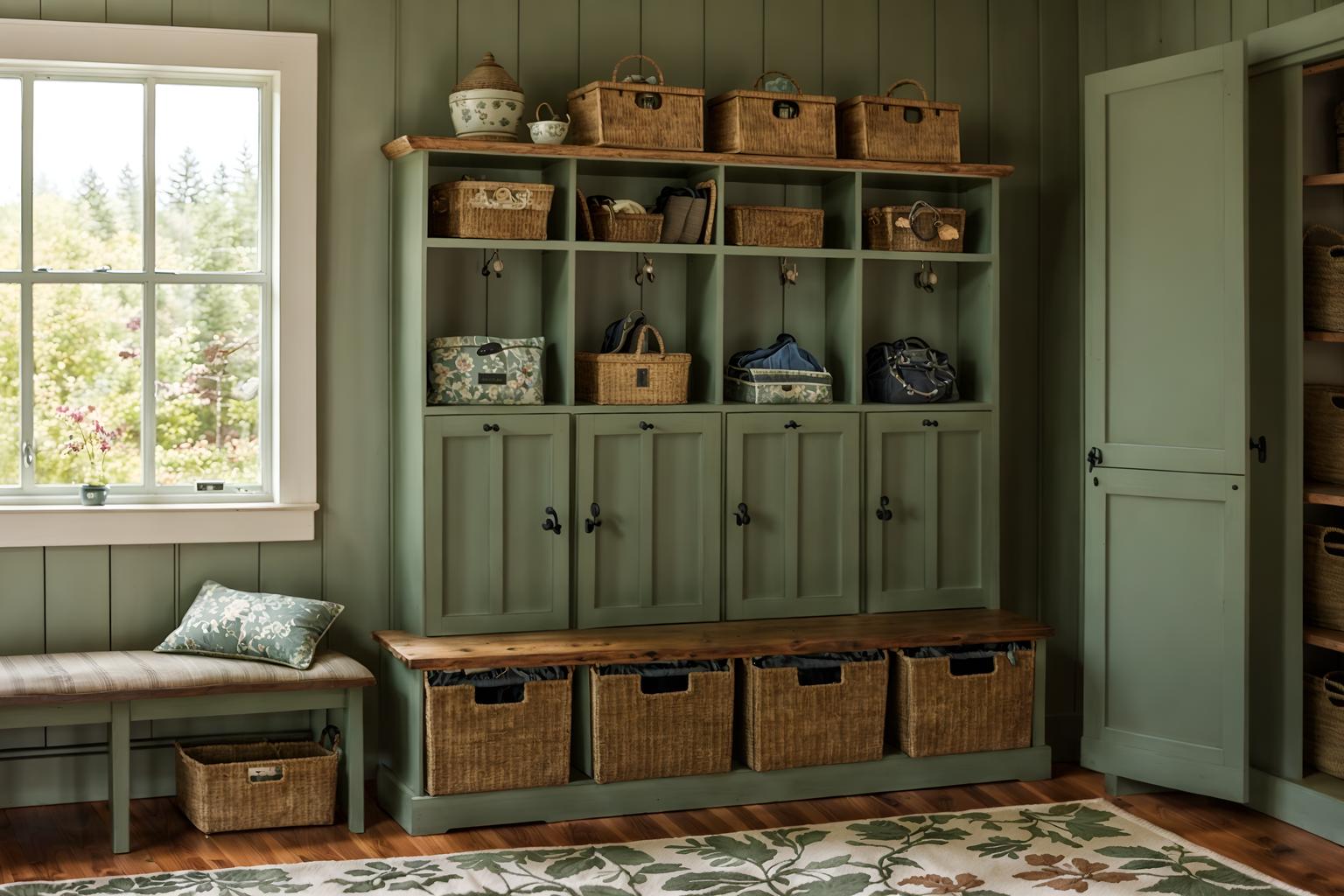 cottagecore-style (drop zone interior) with lockers and a bench and cubbies and shelves for shoes and high up storage and storage drawers and cabinets and wall hooks for coats. . with floral patterns and cottage style and rustic and natural and country style and muted colors and traditional and earthy. . cinematic photo, highly detailed, cinematic lighting, ultra-detailed, ultrarealistic, photorealism, 8k. cottagecore interior design style. masterpiece, cinematic light, ultrarealistic+, photorealistic+, 8k, raw photo, realistic, sharp focus on eyes, (symmetrical eyes), (intact eyes), hyperrealistic, highest quality, best quality, , highly detailed, masterpiece, best quality, extremely detailed 8k wallpaper, masterpiece, best quality, ultra-detailed, best shadow, detailed background, detailed face, detailed eyes, high contrast, best illumination, detailed face, dulux, caustic, dynamic angle, detailed glow. dramatic lighting. highly detailed, insanely detailed hair, symmetrical, intricate details, professionally retouched, 8k high definition. strong bokeh. award winning photo.