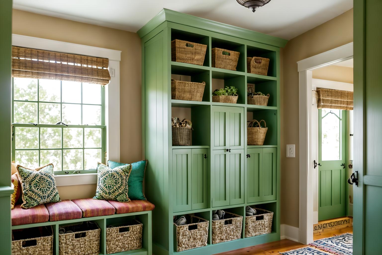 bohemian-style (mudroom interior) with cubbies and storage baskets and high up storage and storage drawers and shelves for shoes and wall hooks for coats and a bench and cabinets. . with carefree layers of pattern, texture, and color and a lack of structure and animal hides and playful colors and mixed patterns and natural materials and bold patterns and lush green nature. . cinematic photo, highly detailed, cinematic lighting, ultra-detailed, ultrarealistic, photorealism, 8k. bohemian interior design style. masterpiece, cinematic light, ultrarealistic+, photorealistic+, 8k, raw photo, realistic, sharp focus on eyes, (symmetrical eyes), (intact eyes), hyperrealistic, highest quality, best quality, , highly detailed, masterpiece, best quality, extremely detailed 8k wallpaper, masterpiece, best quality, ultra-detailed, best shadow, detailed background, detailed face, detailed eyes, high contrast, best illumination, detailed face, dulux, caustic, dynamic angle, detailed glow. dramatic lighting. highly detailed, insanely detailed hair, symmetrical, intricate details, professionally retouched, 8k high definition. strong bokeh. award winning photo.