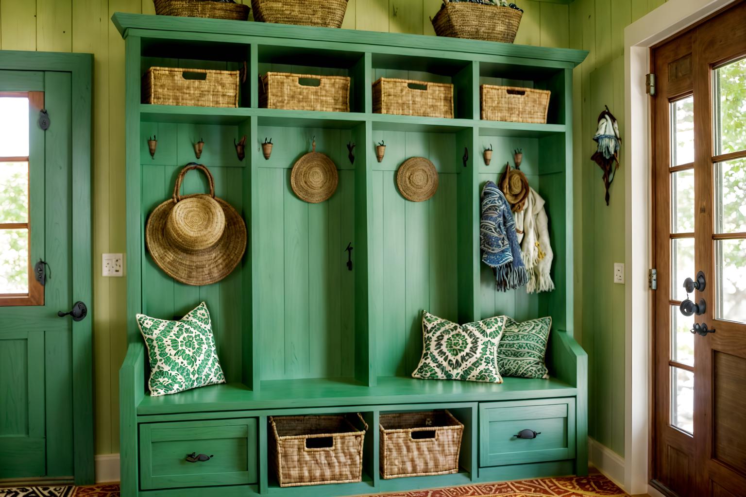 bohemian-style (mudroom interior) with cubbies and storage baskets and high up storage and storage drawers and shelves for shoes and wall hooks for coats and a bench and cabinets. . with carefree layers of pattern, texture, and color and a lack of structure and animal hides and playful colors and mixed patterns and natural materials and bold patterns and lush green nature. . cinematic photo, highly detailed, cinematic lighting, ultra-detailed, ultrarealistic, photorealism, 8k. bohemian interior design style. masterpiece, cinematic light, ultrarealistic+, photorealistic+, 8k, raw photo, realistic, sharp focus on eyes, (symmetrical eyes), (intact eyes), hyperrealistic, highest quality, best quality, , highly detailed, masterpiece, best quality, extremely detailed 8k wallpaper, masterpiece, best quality, ultra-detailed, best shadow, detailed background, detailed face, detailed eyes, high contrast, best illumination, detailed face, dulux, caustic, dynamic angle, detailed glow. dramatic lighting. highly detailed, insanely detailed hair, symmetrical, intricate details, professionally retouched, 8k high definition. strong bokeh. award winning photo.