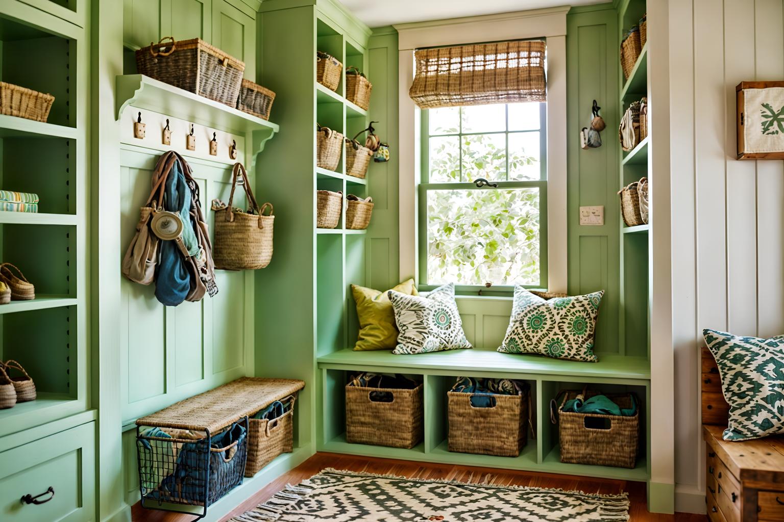 bohemian-style (mudroom interior) with cubbies and storage baskets and high up storage and storage drawers and shelves for shoes and wall hooks for coats and a bench and cabinets. . with carefree layers of pattern, texture, and color and a lack of structure and animal hides and playful colors and mixed patterns and natural materials and bold patterns and lush green nature. . cinematic photo, highly detailed, cinematic lighting, ultra-detailed, ultrarealistic, photorealism, 8k. bohemian interior design style. masterpiece, cinematic light, ultrarealistic+, photorealistic+, 8k, raw photo, realistic, sharp focus on eyes, (symmetrical eyes), (intact eyes), hyperrealistic, highest quality, best quality, , highly detailed, masterpiece, best quality, extremely detailed 8k wallpaper, masterpiece, best quality, ultra-detailed, best shadow, detailed background, detailed face, detailed eyes, high contrast, best illumination, detailed face, dulux, caustic, dynamic angle, detailed glow. dramatic lighting. highly detailed, insanely detailed hair, symmetrical, intricate details, professionally retouched, 8k high definition. strong bokeh. award winning photo.