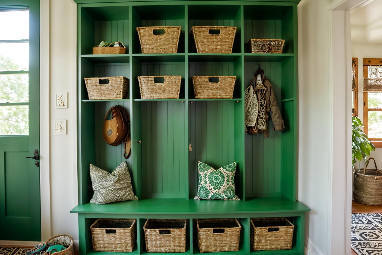 bohemian-style (mudroom interior) with cubbies and storage baskets and high up storage and storage drawers and shelves for shoes and wall hooks for coats and a bench and cabinets. . with carefree layers of pattern, texture, and color and a lack of structure and animal hides and playful colors and mixed patterns and natural materials and bold patterns and lush green nature. . cinematic photo, highly detailed, cinematic lighting, ultra-detailed, ultrarealistic, photorealism, 8k. bohemian interior design style. masterpiece, cinematic light, ultrarealistic+, photorealistic+, 8k, raw photo, realistic, sharp focus on eyes, (symmetrical eyes), (intact eyes), hyperrealistic, highest quality, best quality, , highly detailed, masterpiece, best quality, extremely detailed 8k wallpaper, masterpiece, best quality, ultra-detailed, best shadow, detailed background, detailed face, detailed eyes, high contrast, best illumination, detailed face, dulux, caustic, dynamic angle, detailed glow. dramatic lighting. highly detailed, insanely detailed hair, symmetrical, intricate details, professionally retouched, 8k high definition. strong bokeh. award winning photo.