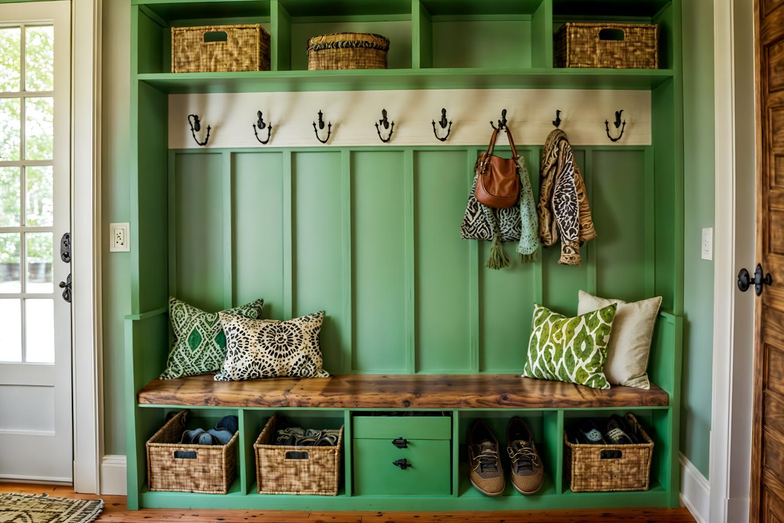 bohemian-style (mudroom interior) with cubbies and storage baskets and high up storage and storage drawers and shelves for shoes and wall hooks for coats and a bench and cabinets. . with carefree layers of pattern, texture, and color and a lack of structure and animal hides and playful colors and mixed patterns and natural materials and bold patterns and lush green nature. . cinematic photo, highly detailed, cinematic lighting, ultra-detailed, ultrarealistic, photorealism, 8k. bohemian interior design style. masterpiece, cinematic light, ultrarealistic+, photorealistic+, 8k, raw photo, realistic, sharp focus on eyes, (symmetrical eyes), (intact eyes), hyperrealistic, highest quality, best quality, , highly detailed, masterpiece, best quality, extremely detailed 8k wallpaper, masterpiece, best quality, ultra-detailed, best shadow, detailed background, detailed face, detailed eyes, high contrast, best illumination, detailed face, dulux, caustic, dynamic angle, detailed glow. dramatic lighting. highly detailed, insanely detailed hair, symmetrical, intricate details, professionally retouched, 8k high definition. strong bokeh. award winning photo.