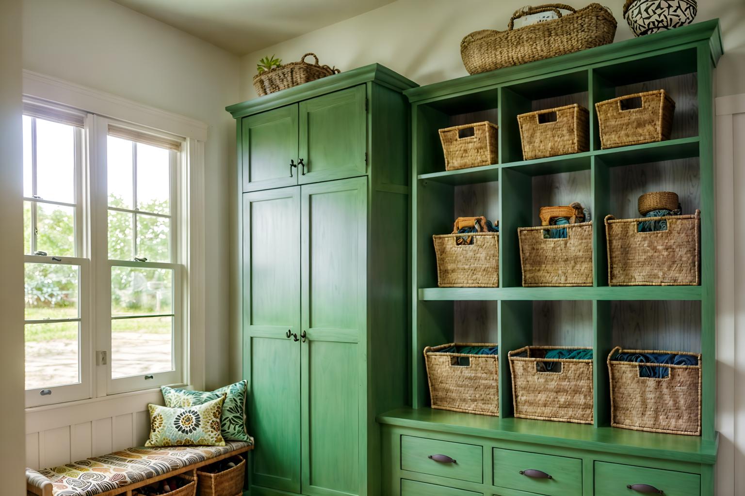 bohemian-style (mudroom interior) with cubbies and storage baskets and high up storage and storage drawers and shelves for shoes and wall hooks for coats and a bench and cabinets. . with carefree layers of pattern, texture, and color and a lack of structure and animal hides and playful colors and mixed patterns and natural materials and bold patterns and lush green nature. . cinematic photo, highly detailed, cinematic lighting, ultra-detailed, ultrarealistic, photorealism, 8k. bohemian interior design style. masterpiece, cinematic light, ultrarealistic+, photorealistic+, 8k, raw photo, realistic, sharp focus on eyes, (symmetrical eyes), (intact eyes), hyperrealistic, highest quality, best quality, , highly detailed, masterpiece, best quality, extremely detailed 8k wallpaper, masterpiece, best quality, ultra-detailed, best shadow, detailed background, detailed face, detailed eyes, high contrast, best illumination, detailed face, dulux, caustic, dynamic angle, detailed glow. dramatic lighting. highly detailed, insanely detailed hair, symmetrical, intricate details, professionally retouched, 8k high definition. strong bokeh. award winning photo.