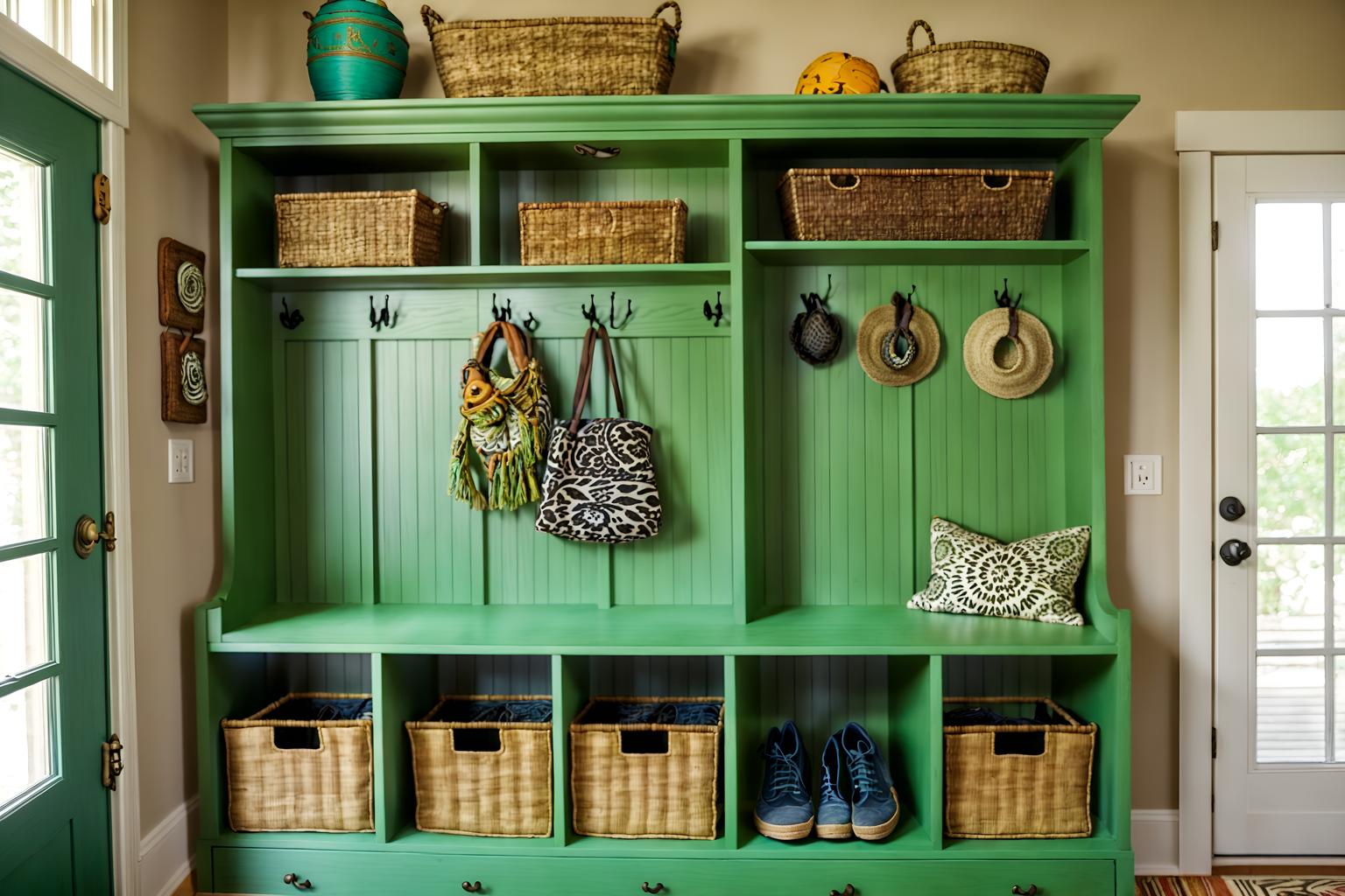 bohemian-style (mudroom interior) with cubbies and storage baskets and high up storage and storage drawers and shelves for shoes and wall hooks for coats and a bench and cabinets. . with carefree layers of pattern, texture, and color and a lack of structure and animal hides and playful colors and mixed patterns and natural materials and bold patterns and lush green nature. . cinematic photo, highly detailed, cinematic lighting, ultra-detailed, ultrarealistic, photorealism, 8k. bohemian interior design style. masterpiece, cinematic light, ultrarealistic+, photorealistic+, 8k, raw photo, realistic, sharp focus on eyes, (symmetrical eyes), (intact eyes), hyperrealistic, highest quality, best quality, , highly detailed, masterpiece, best quality, extremely detailed 8k wallpaper, masterpiece, best quality, ultra-detailed, best shadow, detailed background, detailed face, detailed eyes, high contrast, best illumination, detailed face, dulux, caustic, dynamic angle, detailed glow. dramatic lighting. highly detailed, insanely detailed hair, symmetrical, intricate details, professionally retouched, 8k high definition. strong bokeh. award winning photo.