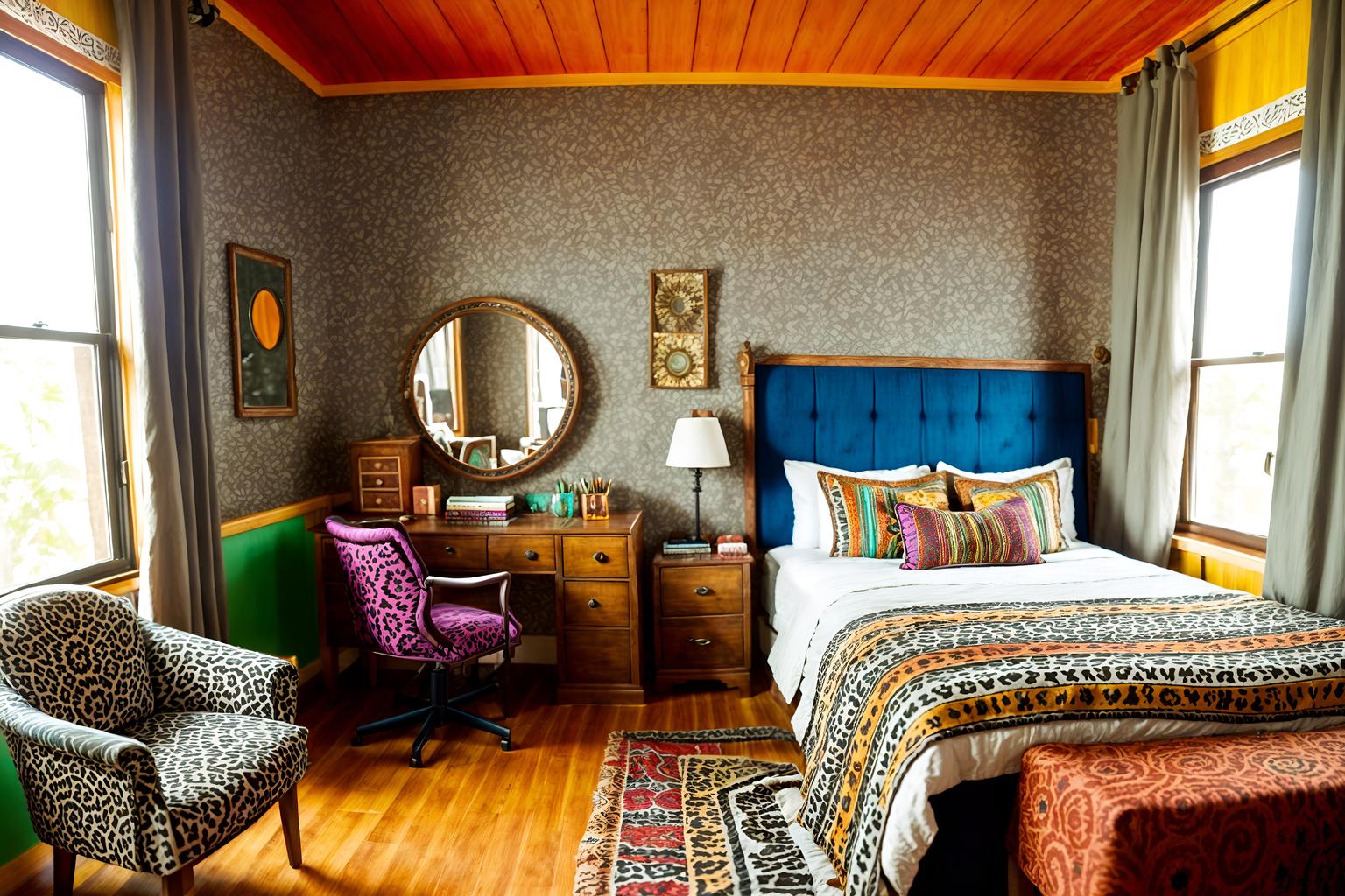 bohemian-style (hotel room interior) with headboard and working desk with desk chair and bed and hotel bathroom and accent chair and dresser closet and mirror and night light. . with woods and animal hides and bold colors and bold patterns and carefree layers of pattern, texture, and color and travel trinkets and playful colors and playful patterns. . cinematic photo, highly detailed, cinematic lighting, ultra-detailed, ultrarealistic, photorealism, 8k. bohemian interior design style. masterpiece, cinematic light, ultrarealistic+, photorealistic+, 8k, raw photo, realistic, sharp focus on eyes, (symmetrical eyes), (intact eyes), hyperrealistic, highest quality, best quality, , highly detailed, masterpiece, best quality, extremely detailed 8k wallpaper, masterpiece, best quality, ultra-detailed, best shadow, detailed background, detailed face, detailed eyes, high contrast, best illumination, detailed face, dulux, caustic, dynamic angle, detailed glow. dramatic lighting. highly detailed, insanely detailed hair, symmetrical, intricate details, professionally retouched, 8k high definition. strong bokeh. award winning photo.