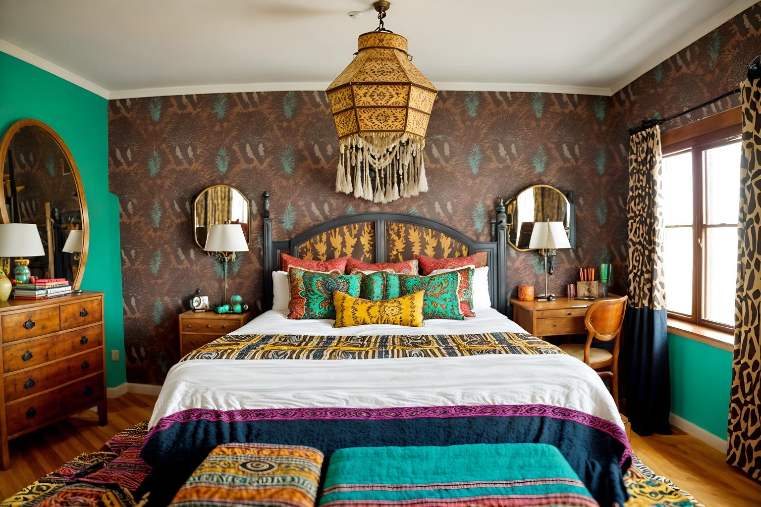 bohemian-style (hotel room interior) with headboard and working desk with desk chair and bed and hotel bathroom and accent chair and dresser closet and mirror and night light. . with woods and animal hides and bold colors and bold patterns and carefree layers of pattern, texture, and color and travel trinkets and playful colors and playful patterns. . cinematic photo, highly detailed, cinematic lighting, ultra-detailed, ultrarealistic, photorealism, 8k. bohemian interior design style. masterpiece, cinematic light, ultrarealistic+, photorealistic+, 8k, raw photo, realistic, sharp focus on eyes, (symmetrical eyes), (intact eyes), hyperrealistic, highest quality, best quality, , highly detailed, masterpiece, best quality, extremely detailed 8k wallpaper, masterpiece, best quality, ultra-detailed, best shadow, detailed background, detailed face, detailed eyes, high contrast, best illumination, detailed face, dulux, caustic, dynamic angle, detailed glow. dramatic lighting. highly detailed, insanely detailed hair, symmetrical, intricate details, professionally retouched, 8k high definition. strong bokeh. award winning photo.
