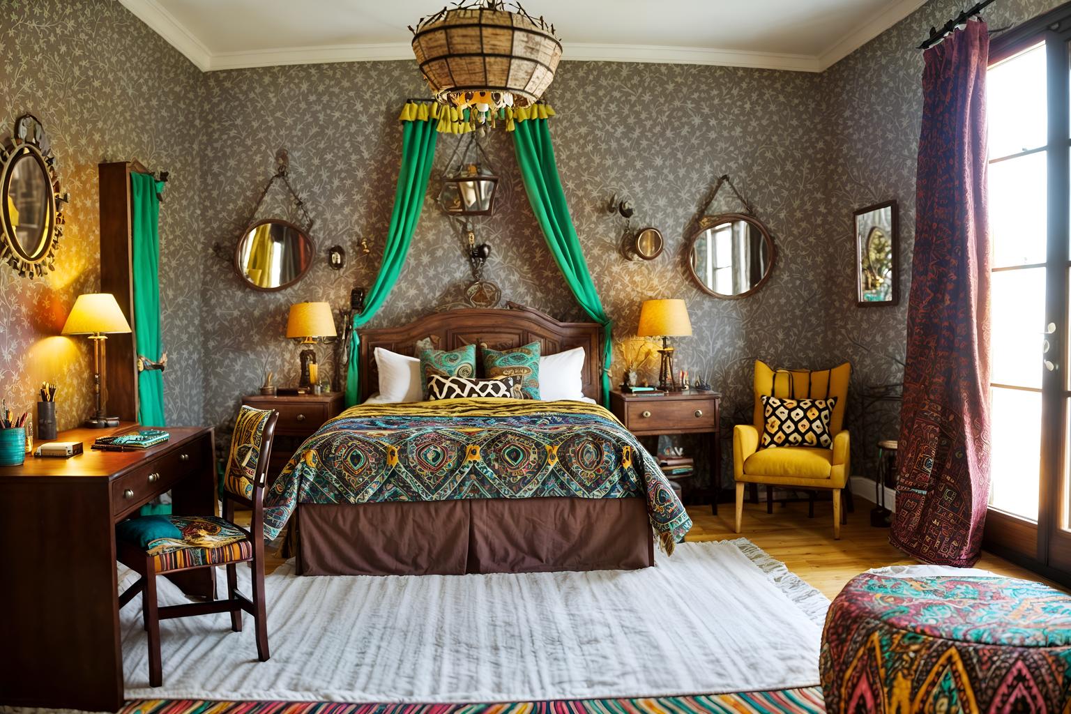 bohemian-style (hotel room interior) with headboard and working desk with desk chair and bed and hotel bathroom and accent chair and dresser closet and mirror and night light. . with woods and animal hides and bold colors and bold patterns and carefree layers of pattern, texture, and color and travel trinkets and playful colors and playful patterns. . cinematic photo, highly detailed, cinematic lighting, ultra-detailed, ultrarealistic, photorealism, 8k. bohemian interior design style. masterpiece, cinematic light, ultrarealistic+, photorealistic+, 8k, raw photo, realistic, sharp focus on eyes, (symmetrical eyes), (intact eyes), hyperrealistic, highest quality, best quality, , highly detailed, masterpiece, best quality, extremely detailed 8k wallpaper, masterpiece, best quality, ultra-detailed, best shadow, detailed background, detailed face, detailed eyes, high contrast, best illumination, detailed face, dulux, caustic, dynamic angle, detailed glow. dramatic lighting. highly detailed, insanely detailed hair, symmetrical, intricate details, professionally retouched, 8k high definition. strong bokeh. award winning photo.