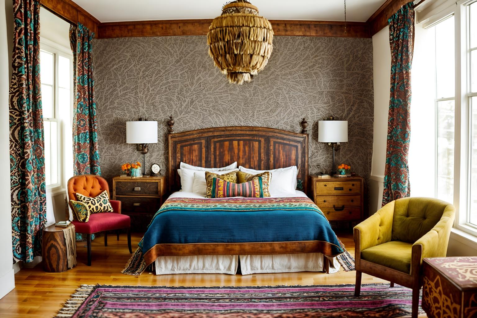 bohemian-style (hotel room interior) with headboard and working desk with desk chair and bed and hotel bathroom and accent chair and dresser closet and mirror and night light. . with woods and animal hides and bold colors and bold patterns and carefree layers of pattern, texture, and color and travel trinkets and playful colors and playful patterns. . cinematic photo, highly detailed, cinematic lighting, ultra-detailed, ultrarealistic, photorealism, 8k. bohemian interior design style. masterpiece, cinematic light, ultrarealistic+, photorealistic+, 8k, raw photo, realistic, sharp focus on eyes, (symmetrical eyes), (intact eyes), hyperrealistic, highest quality, best quality, , highly detailed, masterpiece, best quality, extremely detailed 8k wallpaper, masterpiece, best quality, ultra-detailed, best shadow, detailed background, detailed face, detailed eyes, high contrast, best illumination, detailed face, dulux, caustic, dynamic angle, detailed glow. dramatic lighting. highly detailed, insanely detailed hair, symmetrical, intricate details, professionally retouched, 8k high definition. strong bokeh. award winning photo.