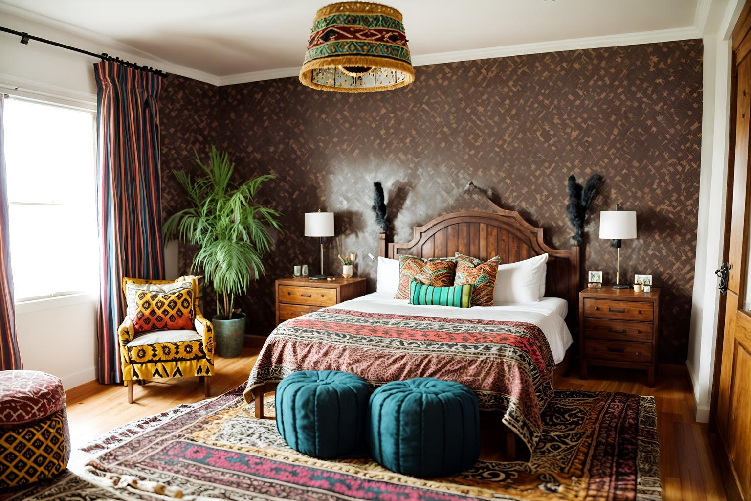 bohemian-style (hotel room interior) with headboard and working desk with desk chair and bed and hotel bathroom and accent chair and dresser closet and mirror and night light. . with woods and animal hides and bold colors and bold patterns and carefree layers of pattern, texture, and color and travel trinkets and playful colors and playful patterns. . cinematic photo, highly detailed, cinematic lighting, ultra-detailed, ultrarealistic, photorealism, 8k. bohemian interior design style. masterpiece, cinematic light, ultrarealistic+, photorealistic+, 8k, raw photo, realistic, sharp focus on eyes, (symmetrical eyes), (intact eyes), hyperrealistic, highest quality, best quality, , highly detailed, masterpiece, best quality, extremely detailed 8k wallpaper, masterpiece, best quality, ultra-detailed, best shadow, detailed background, detailed face, detailed eyes, high contrast, best illumination, detailed face, dulux, caustic, dynamic angle, detailed glow. dramatic lighting. highly detailed, insanely detailed hair, symmetrical, intricate details, professionally retouched, 8k high definition. strong bokeh. award winning photo.