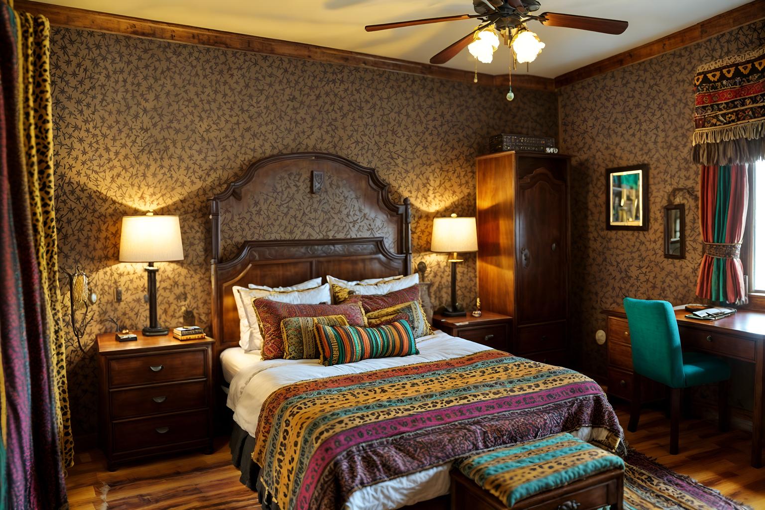 bohemian-style (hotel room interior) with headboard and working desk with desk chair and bed and hotel bathroom and accent chair and dresser closet and mirror and night light. . with woods and animal hides and bold colors and bold patterns and carefree layers of pattern, texture, and color and travel trinkets and playful colors and playful patterns. . cinematic photo, highly detailed, cinematic lighting, ultra-detailed, ultrarealistic, photorealism, 8k. bohemian interior design style. masterpiece, cinematic light, ultrarealistic+, photorealistic+, 8k, raw photo, realistic, sharp focus on eyes, (symmetrical eyes), (intact eyes), hyperrealistic, highest quality, best quality, , highly detailed, masterpiece, best quality, extremely detailed 8k wallpaper, masterpiece, best quality, ultra-detailed, best shadow, detailed background, detailed face, detailed eyes, high contrast, best illumination, detailed face, dulux, caustic, dynamic angle, detailed glow. dramatic lighting. highly detailed, insanely detailed hair, symmetrical, intricate details, professionally retouched, 8k high definition. strong bokeh. award winning photo.