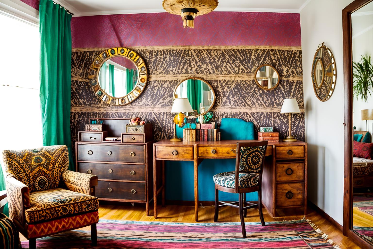 bohemian-style (hotel room interior) with headboard and working desk with desk chair and bed and hotel bathroom and accent chair and dresser closet and mirror and night light. . with woods and animal hides and bold colors and bold patterns and carefree layers of pattern, texture, and color and travel trinkets and playful colors and playful patterns. . cinematic photo, highly detailed, cinematic lighting, ultra-detailed, ultrarealistic, photorealism, 8k. bohemian interior design style. masterpiece, cinematic light, ultrarealistic+, photorealistic+, 8k, raw photo, realistic, sharp focus on eyes, (symmetrical eyes), (intact eyes), hyperrealistic, highest quality, best quality, , highly detailed, masterpiece, best quality, extremely detailed 8k wallpaper, masterpiece, best quality, ultra-detailed, best shadow, detailed background, detailed face, detailed eyes, high contrast, best illumination, detailed face, dulux, caustic, dynamic angle, detailed glow. dramatic lighting. highly detailed, insanely detailed hair, symmetrical, intricate details, professionally retouched, 8k high definition. strong bokeh. award winning photo.