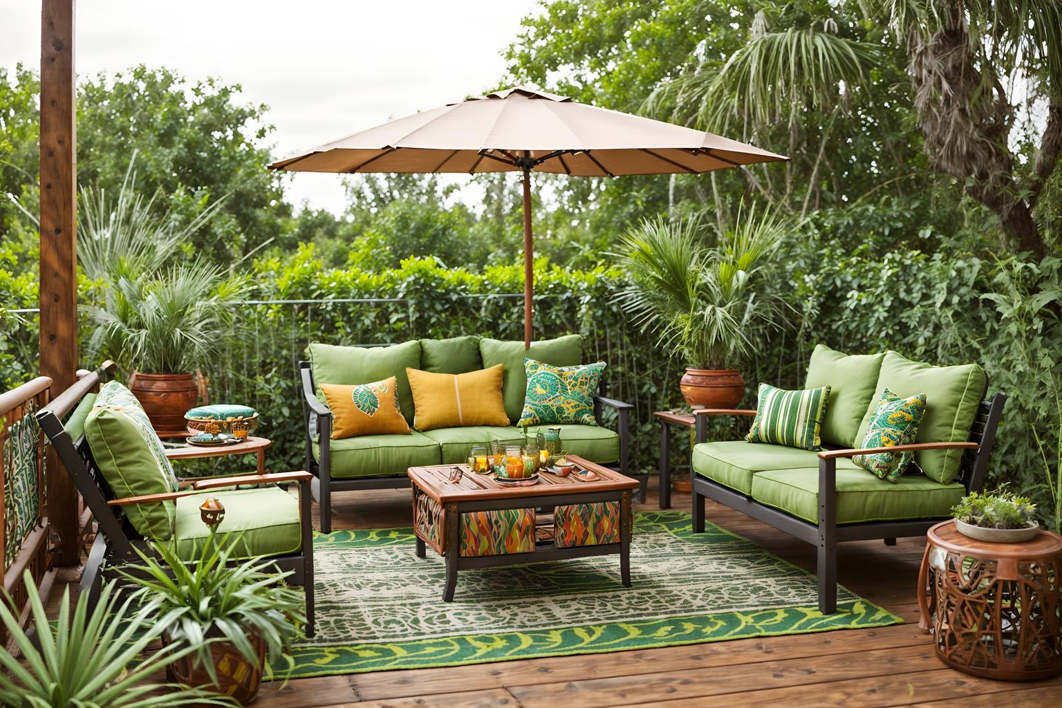 bohemian-style designed (outdoor patio ) with deck with deck chairs and barbeque or grill and patio couch with pillows and plant and grass and deck with deck chairs. . with travel trinkets and mixed patterns and playful textures and bold patterns and lush green nature and woods and carefree layers of pattern, texture, and color and bold colors. . cinematic photo, highly detailed, cinematic lighting, ultra-detailed, ultrarealistic, photorealism, 8k. bohemian design style. masterpiece, cinematic light, ultrarealistic+, photorealistic+, 8k, raw photo, realistic, sharp focus on eyes, (symmetrical eyes), (intact eyes), hyperrealistic, highest quality, best quality, , highly detailed, masterpiece, best quality, extremely detailed 8k wallpaper, masterpiece, best quality, ultra-detailed, best shadow, detailed background, detailed face, detailed eyes, high contrast, best illumination, detailed face, dulux, caustic, dynamic angle, detailed glow. dramatic lighting. highly detailed, insanely detailed hair, symmetrical, intricate details, professionally retouched, 8k high definition. strong bokeh. award winning photo.