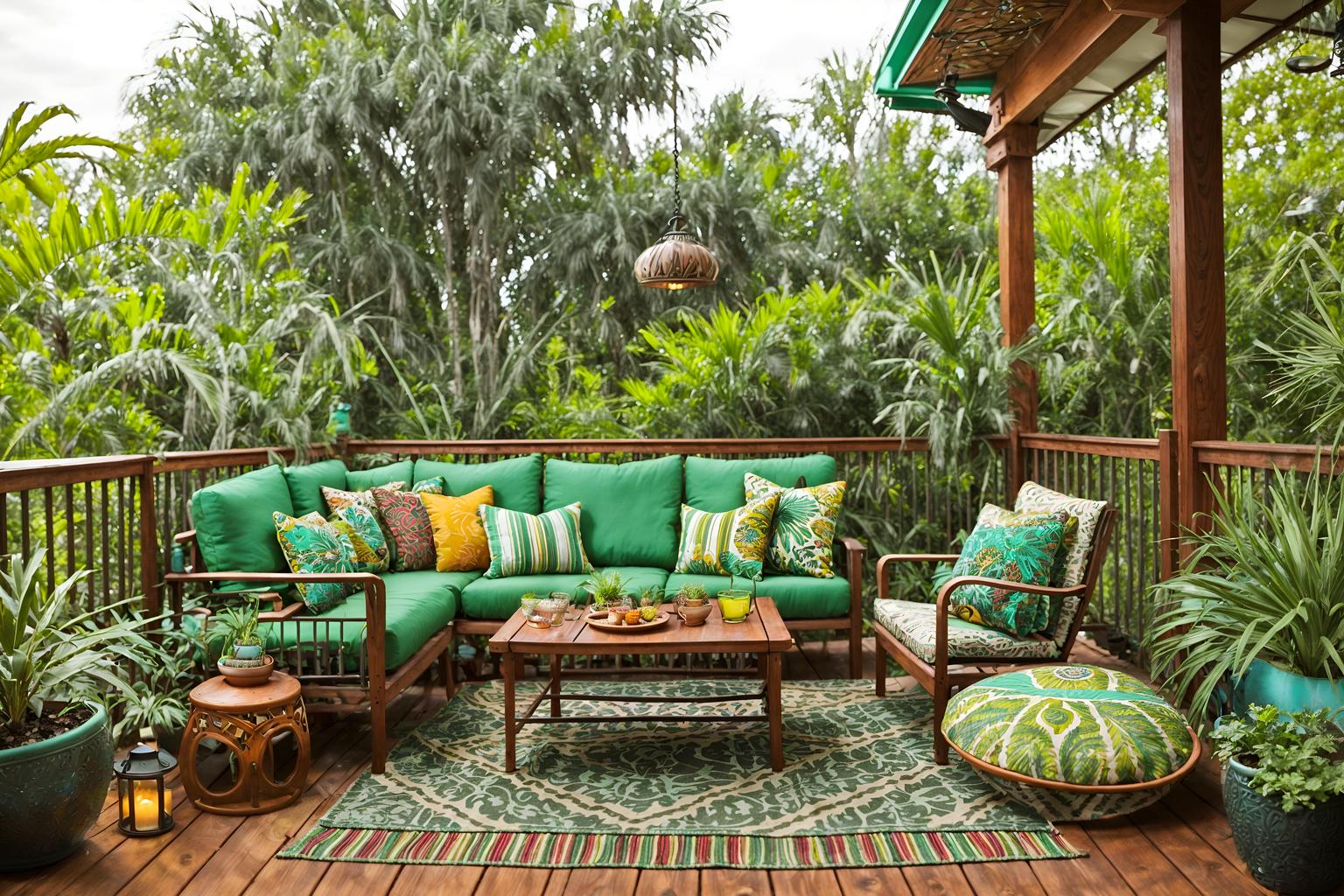 bohemian-style designed (outdoor patio ) with deck with deck chairs and barbeque or grill and patio couch with pillows and plant and grass and deck with deck chairs. . with travel trinkets and mixed patterns and playful textures and bold patterns and lush green nature and woods and carefree layers of pattern, texture, and color and bold colors. . cinematic photo, highly detailed, cinematic lighting, ultra-detailed, ultrarealistic, photorealism, 8k. bohemian design style. masterpiece, cinematic light, ultrarealistic+, photorealistic+, 8k, raw photo, realistic, sharp focus on eyes, (symmetrical eyes), (intact eyes), hyperrealistic, highest quality, best quality, , highly detailed, masterpiece, best quality, extremely detailed 8k wallpaper, masterpiece, best quality, ultra-detailed, best shadow, detailed background, detailed face, detailed eyes, high contrast, best illumination, detailed face, dulux, caustic, dynamic angle, detailed glow. dramatic lighting. highly detailed, insanely detailed hair, symmetrical, intricate details, professionally retouched, 8k high definition. strong bokeh. award winning photo.