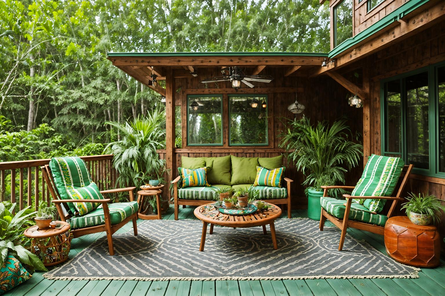 bohemian-style designed (outdoor patio ) with deck with deck chairs and barbeque or grill and patio couch with pillows and plant and grass and deck with deck chairs. . with travel trinkets and mixed patterns and playful textures and bold patterns and lush green nature and woods and carefree layers of pattern, texture, and color and bold colors. . cinematic photo, highly detailed, cinematic lighting, ultra-detailed, ultrarealistic, photorealism, 8k. bohemian design style. masterpiece, cinematic light, ultrarealistic+, photorealistic+, 8k, raw photo, realistic, sharp focus on eyes, (symmetrical eyes), (intact eyes), hyperrealistic, highest quality, best quality, , highly detailed, masterpiece, best quality, extremely detailed 8k wallpaper, masterpiece, best quality, ultra-detailed, best shadow, detailed background, detailed face, detailed eyes, high contrast, best illumination, detailed face, dulux, caustic, dynamic angle, detailed glow. dramatic lighting. highly detailed, insanely detailed hair, symmetrical, intricate details, professionally retouched, 8k high definition. strong bokeh. award winning photo.