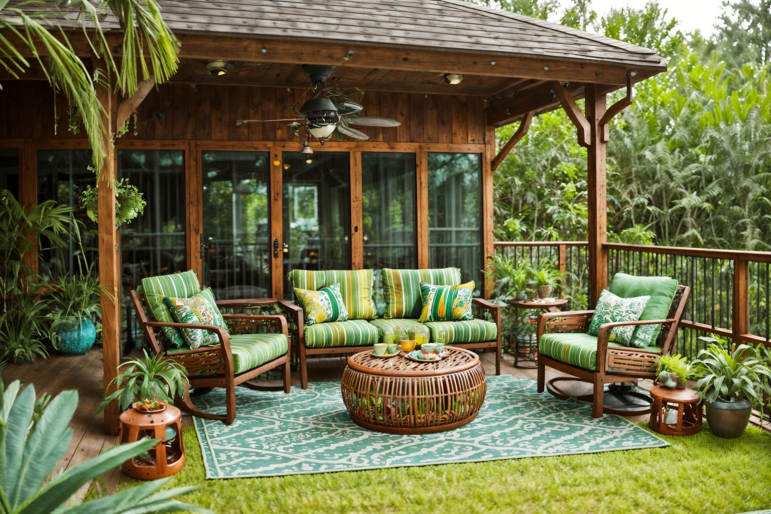 bohemian-style designed (outdoor patio ) with deck with deck chairs and barbeque or grill and patio couch with pillows and plant and grass and deck with deck chairs. . with travel trinkets and mixed patterns and playful textures and bold patterns and lush green nature and woods and carefree layers of pattern, texture, and color and bold colors. . cinematic photo, highly detailed, cinematic lighting, ultra-detailed, ultrarealistic, photorealism, 8k. bohemian design style. masterpiece, cinematic light, ultrarealistic+, photorealistic+, 8k, raw photo, realistic, sharp focus on eyes, (symmetrical eyes), (intact eyes), hyperrealistic, highest quality, best quality, , highly detailed, masterpiece, best quality, extremely detailed 8k wallpaper, masterpiece, best quality, ultra-detailed, best shadow, detailed background, detailed face, detailed eyes, high contrast, best illumination, detailed face, dulux, caustic, dynamic angle, detailed glow. dramatic lighting. highly detailed, insanely detailed hair, symmetrical, intricate details, professionally retouched, 8k high definition. strong bokeh. award winning photo.