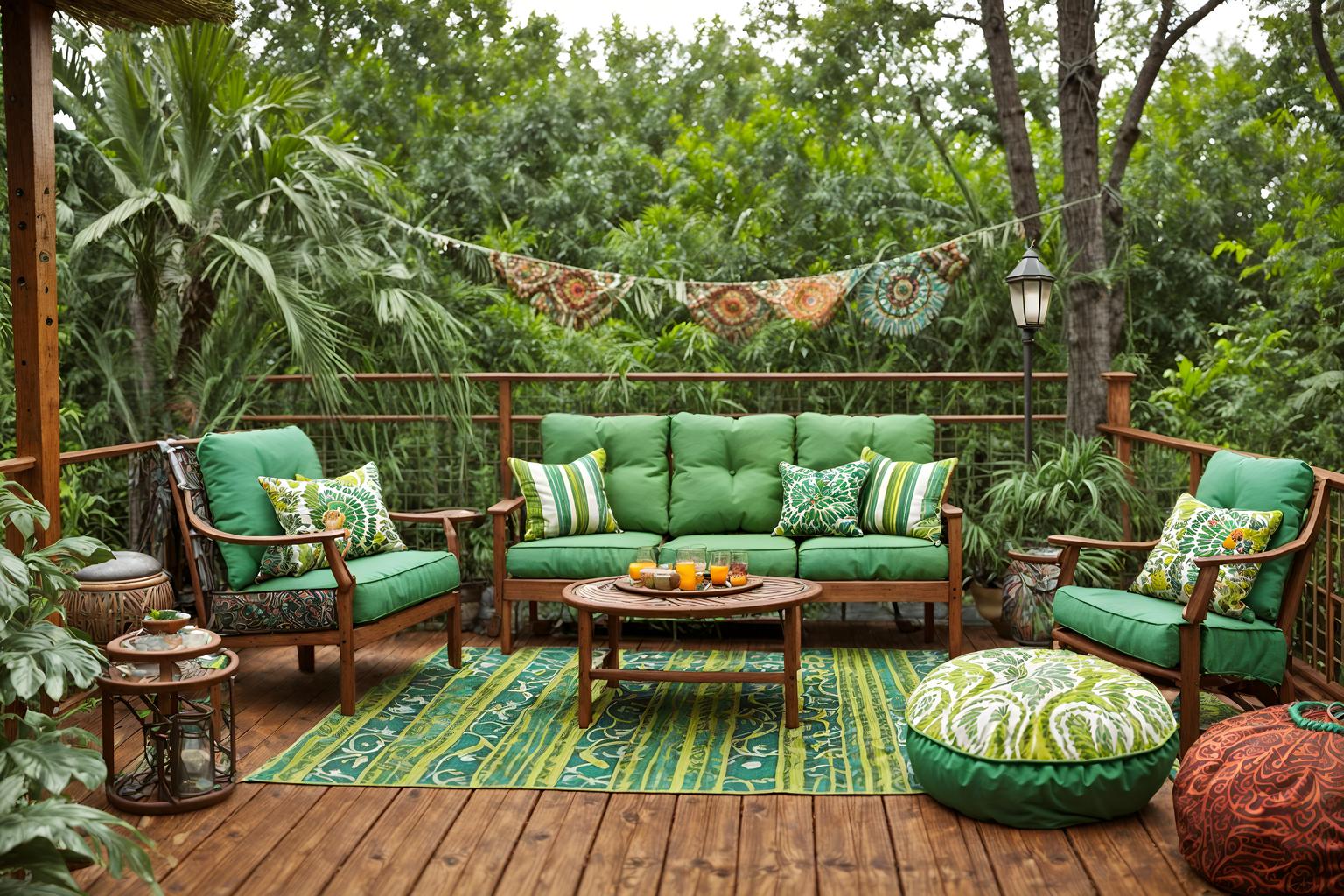 bohemian-style designed (outdoor patio ) with deck with deck chairs and barbeque or grill and patio couch with pillows and plant and grass and deck with deck chairs. . with travel trinkets and mixed patterns and playful textures and bold patterns and lush green nature and woods and carefree layers of pattern, texture, and color and bold colors. . cinematic photo, highly detailed, cinematic lighting, ultra-detailed, ultrarealistic, photorealism, 8k. bohemian design style. masterpiece, cinematic light, ultrarealistic+, photorealistic+, 8k, raw photo, realistic, sharp focus on eyes, (symmetrical eyes), (intact eyes), hyperrealistic, highest quality, best quality, , highly detailed, masterpiece, best quality, extremely detailed 8k wallpaper, masterpiece, best quality, ultra-detailed, best shadow, detailed background, detailed face, detailed eyes, high contrast, best illumination, detailed face, dulux, caustic, dynamic angle, detailed glow. dramatic lighting. highly detailed, insanely detailed hair, symmetrical, intricate details, professionally retouched, 8k high definition. strong bokeh. award winning photo.