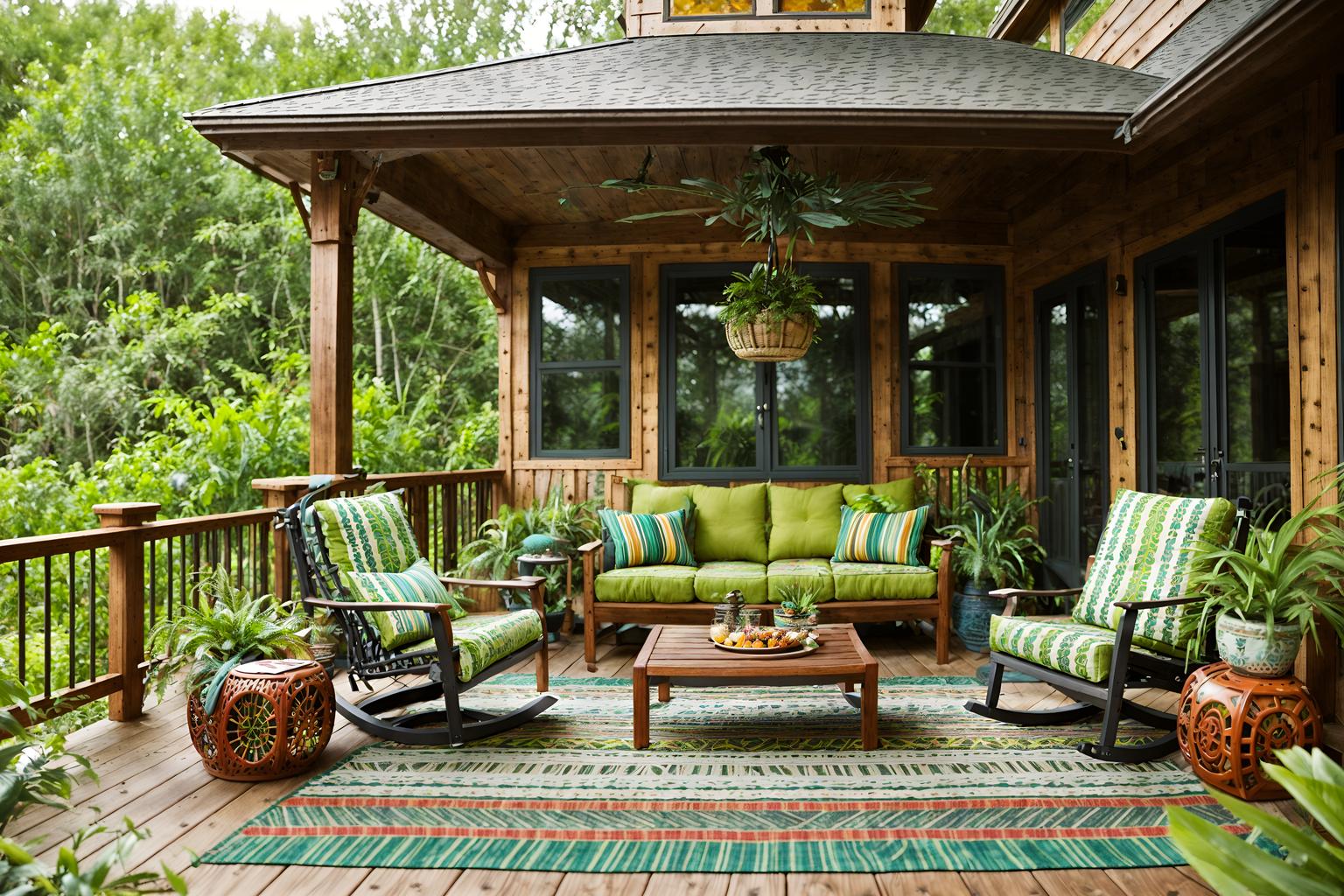 bohemian-style designed (outdoor patio ) with deck with deck chairs and barbeque or grill and patio couch with pillows and plant and grass and deck with deck chairs. . with travel trinkets and mixed patterns and playful textures and bold patterns and lush green nature and woods and carefree layers of pattern, texture, and color and bold colors. . cinematic photo, highly detailed, cinematic lighting, ultra-detailed, ultrarealistic, photorealism, 8k. bohemian design style. masterpiece, cinematic light, ultrarealistic+, photorealistic+, 8k, raw photo, realistic, sharp focus on eyes, (symmetrical eyes), (intact eyes), hyperrealistic, highest quality, best quality, , highly detailed, masterpiece, best quality, extremely detailed 8k wallpaper, masterpiece, best quality, ultra-detailed, best shadow, detailed background, detailed face, detailed eyes, high contrast, best illumination, detailed face, dulux, caustic, dynamic angle, detailed glow. dramatic lighting. highly detailed, insanely detailed hair, symmetrical, intricate details, professionally retouched, 8k high definition. strong bokeh. award winning photo.