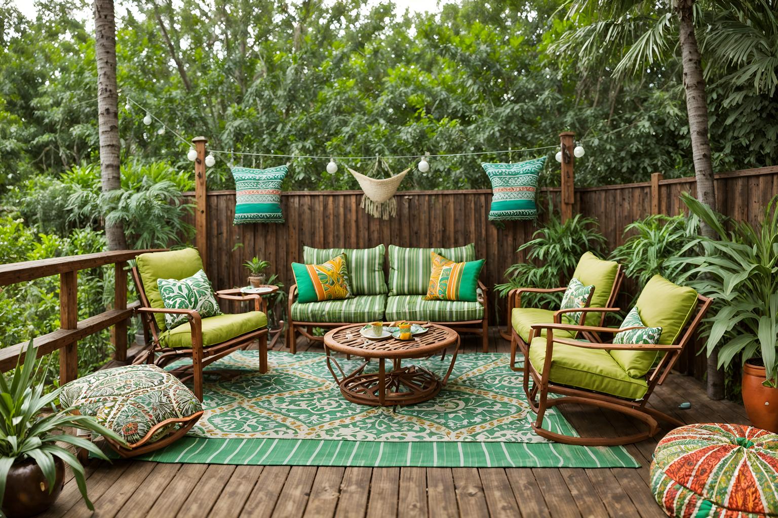 bohemian-style designed (outdoor patio ) with deck with deck chairs and barbeque or grill and patio couch with pillows and plant and grass and deck with deck chairs. . with travel trinkets and mixed patterns and playful textures and bold patterns and lush green nature and woods and carefree layers of pattern, texture, and color and bold colors. . cinematic photo, highly detailed, cinematic lighting, ultra-detailed, ultrarealistic, photorealism, 8k. bohemian design style. masterpiece, cinematic light, ultrarealistic+, photorealistic+, 8k, raw photo, realistic, sharp focus on eyes, (symmetrical eyes), (intact eyes), hyperrealistic, highest quality, best quality, , highly detailed, masterpiece, best quality, extremely detailed 8k wallpaper, masterpiece, best quality, ultra-detailed, best shadow, detailed background, detailed face, detailed eyes, high contrast, best illumination, detailed face, dulux, caustic, dynamic angle, detailed glow. dramatic lighting. highly detailed, insanely detailed hair, symmetrical, intricate details, professionally retouched, 8k high definition. strong bokeh. award winning photo.