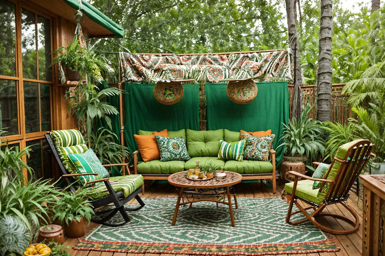 bohemian-style designed (outdoor patio ) with deck with deck chairs and barbeque or grill and patio couch with pillows and plant and grass and deck with deck chairs. . with travel trinkets and mixed patterns and playful textures and bold patterns and lush green nature and woods and carefree layers of pattern, texture, and color and bold colors. . cinematic photo, highly detailed, cinematic lighting, ultra-detailed, ultrarealistic, photorealism, 8k. bohemian design style. masterpiece, cinematic light, ultrarealistic+, photorealistic+, 8k, raw photo, realistic, sharp focus on eyes, (symmetrical eyes), (intact eyes), hyperrealistic, highest quality, best quality, , highly detailed, masterpiece, best quality, extremely detailed 8k wallpaper, masterpiece, best quality, ultra-detailed, best shadow, detailed background, detailed face, detailed eyes, high contrast, best illumination, detailed face, dulux, caustic, dynamic angle, detailed glow. dramatic lighting. highly detailed, insanely detailed hair, symmetrical, intricate details, professionally retouched, 8k high definition. strong bokeh. award winning photo.