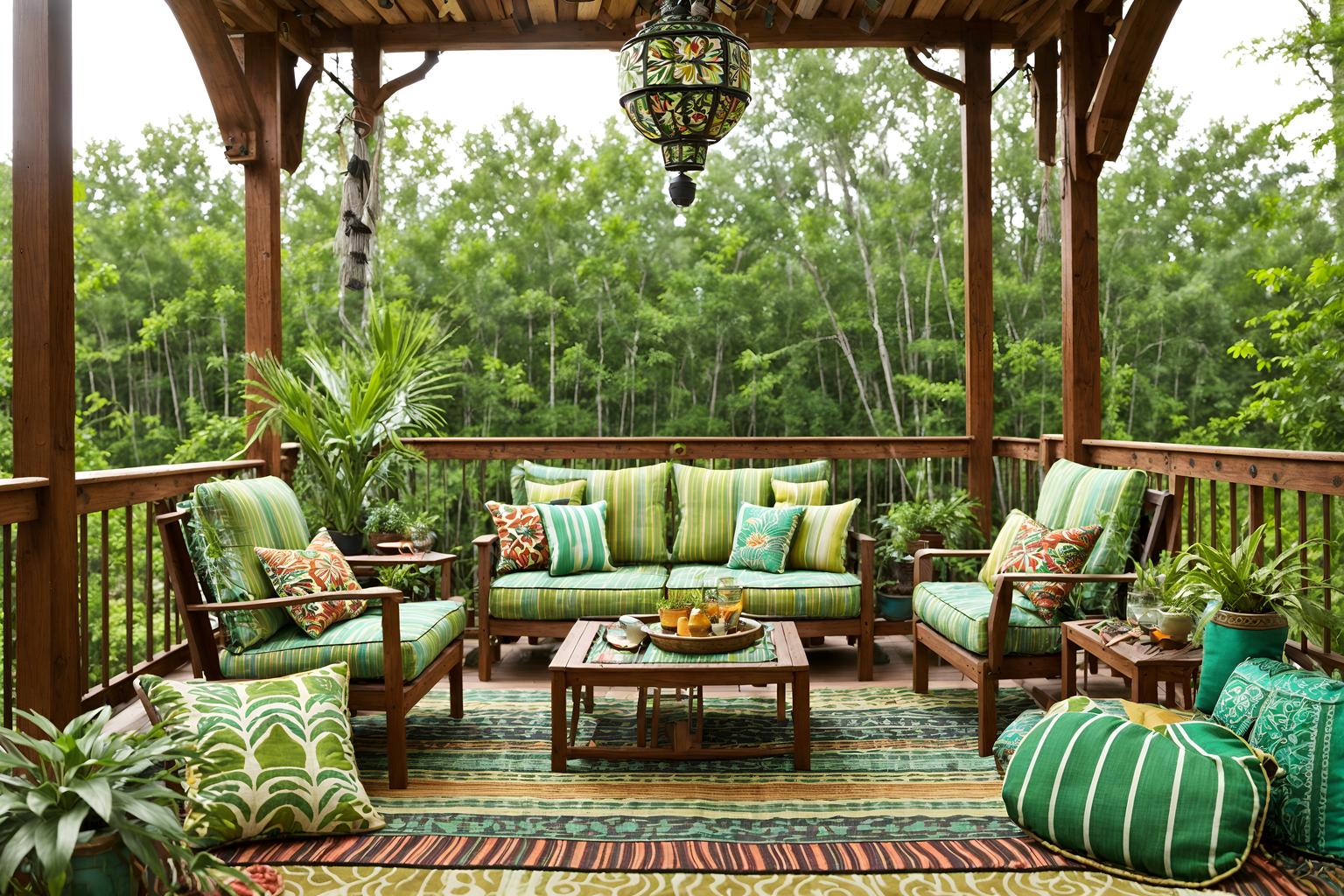 bohemian-style designed (outdoor patio ) with deck with deck chairs and barbeque or grill and patio couch with pillows and plant and grass and deck with deck chairs. . with travel trinkets and mixed patterns and playful textures and bold patterns and lush green nature and woods and carefree layers of pattern, texture, and color and bold colors. . cinematic photo, highly detailed, cinematic lighting, ultra-detailed, ultrarealistic, photorealism, 8k. bohemian design style. masterpiece, cinematic light, ultrarealistic+, photorealistic+, 8k, raw photo, realistic, sharp focus on eyes, (symmetrical eyes), (intact eyes), hyperrealistic, highest quality, best quality, , highly detailed, masterpiece, best quality, extremely detailed 8k wallpaper, masterpiece, best quality, ultra-detailed, best shadow, detailed background, detailed face, detailed eyes, high contrast, best illumination, detailed face, dulux, caustic, dynamic angle, detailed glow. dramatic lighting. highly detailed, insanely detailed hair, symmetrical, intricate details, professionally retouched, 8k high definition. strong bokeh. award winning photo.