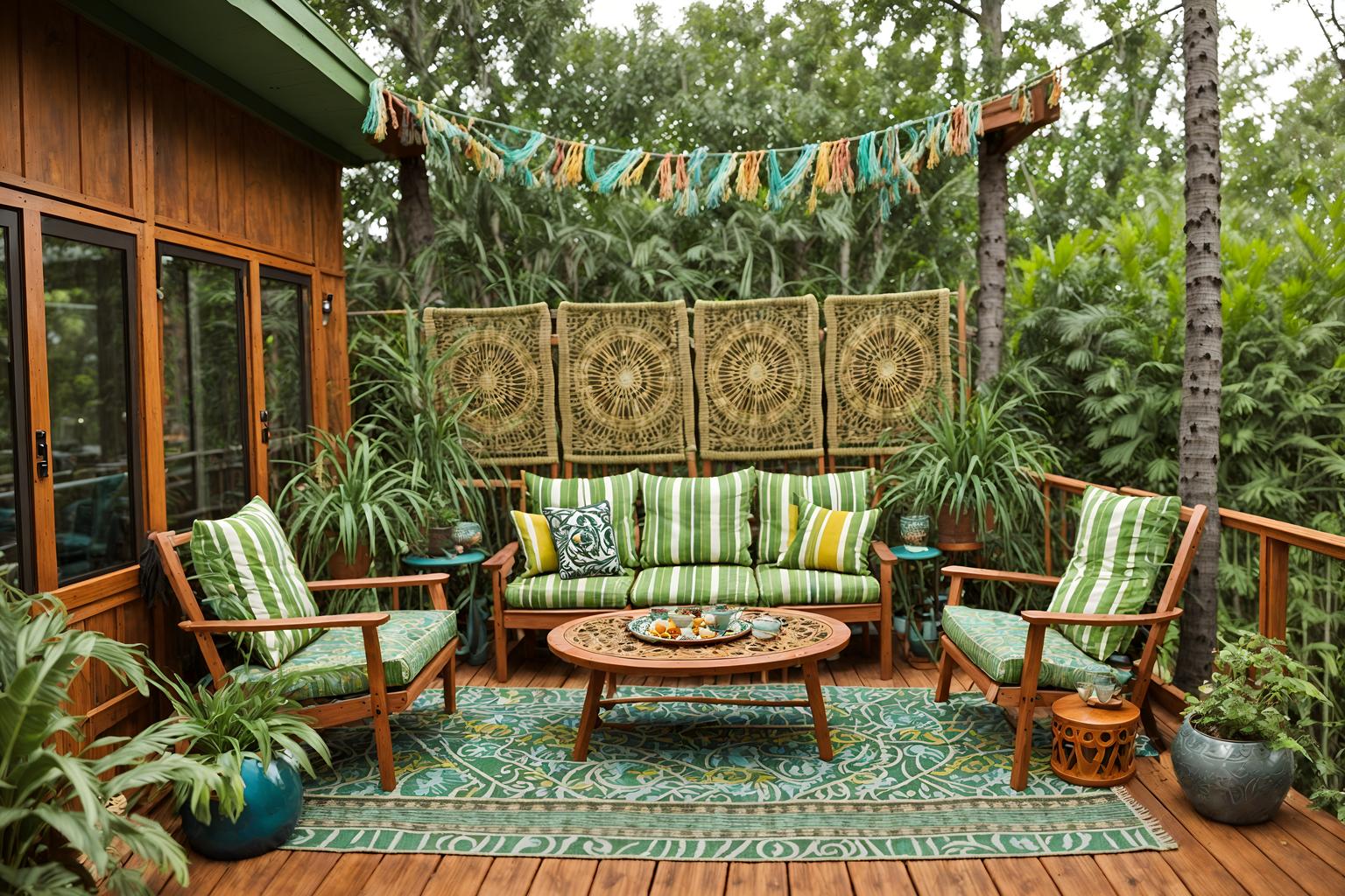 bohemian-style designed (outdoor patio ) with deck with deck chairs and barbeque or grill and patio couch with pillows and plant and grass and deck with deck chairs. . with travel trinkets and mixed patterns and playful textures and bold patterns and lush green nature and woods and carefree layers of pattern, texture, and color and bold colors. . cinematic photo, highly detailed, cinematic lighting, ultra-detailed, ultrarealistic, photorealism, 8k. bohemian design style. masterpiece, cinematic light, ultrarealistic+, photorealistic+, 8k, raw photo, realistic, sharp focus on eyes, (symmetrical eyes), (intact eyes), hyperrealistic, highest quality, best quality, , highly detailed, masterpiece, best quality, extremely detailed 8k wallpaper, masterpiece, best quality, ultra-detailed, best shadow, detailed background, detailed face, detailed eyes, high contrast, best illumination, detailed face, dulux, caustic, dynamic angle, detailed glow. dramatic lighting. highly detailed, insanely detailed hair, symmetrical, intricate details, professionally retouched, 8k high definition. strong bokeh. award winning photo.