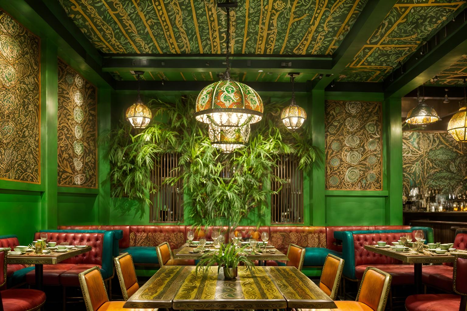 bohemian-style (restaurant interior) with restaurant chairs and restaurant dining tables and restaurant decor and restaurant bar and restaurant chairs. . with metals and mixed patterns and natural materials and bold patterns and lush green nature and carefree layers of pattern, texture, and color and playful patterns and playful colors. . cinematic photo, highly detailed, cinematic lighting, ultra-detailed, ultrarealistic, photorealism, 8k. bohemian interior design style. masterpiece, cinematic light, ultrarealistic+, photorealistic+, 8k, raw photo, realistic, sharp focus on eyes, (symmetrical eyes), (intact eyes), hyperrealistic, highest quality, best quality, , highly detailed, masterpiece, best quality, extremely detailed 8k wallpaper, masterpiece, best quality, ultra-detailed, best shadow, detailed background, detailed face, detailed eyes, high contrast, best illumination, detailed face, dulux, caustic, dynamic angle, detailed glow. dramatic lighting. highly detailed, insanely detailed hair, symmetrical, intricate details, professionally retouched, 8k high definition. strong bokeh. award winning photo.