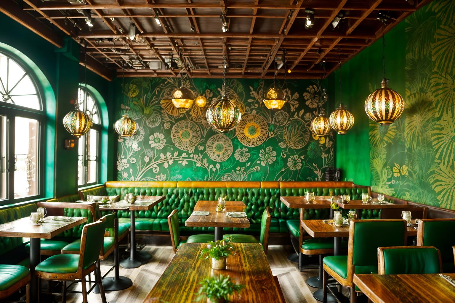 bohemian-style (restaurant interior) with restaurant chairs and restaurant dining tables and restaurant decor and restaurant bar and restaurant chairs. . with metals and mixed patterns and natural materials and bold patterns and lush green nature and carefree layers of pattern, texture, and color and playful patterns and playful colors. . cinematic photo, highly detailed, cinematic lighting, ultra-detailed, ultrarealistic, photorealism, 8k. bohemian interior design style. masterpiece, cinematic light, ultrarealistic+, photorealistic+, 8k, raw photo, realistic, sharp focus on eyes, (symmetrical eyes), (intact eyes), hyperrealistic, highest quality, best quality, , highly detailed, masterpiece, best quality, extremely detailed 8k wallpaper, masterpiece, best quality, ultra-detailed, best shadow, detailed background, detailed face, detailed eyes, high contrast, best illumination, detailed face, dulux, caustic, dynamic angle, detailed glow. dramatic lighting. highly detailed, insanely detailed hair, symmetrical, intricate details, professionally retouched, 8k high definition. strong bokeh. award winning photo.