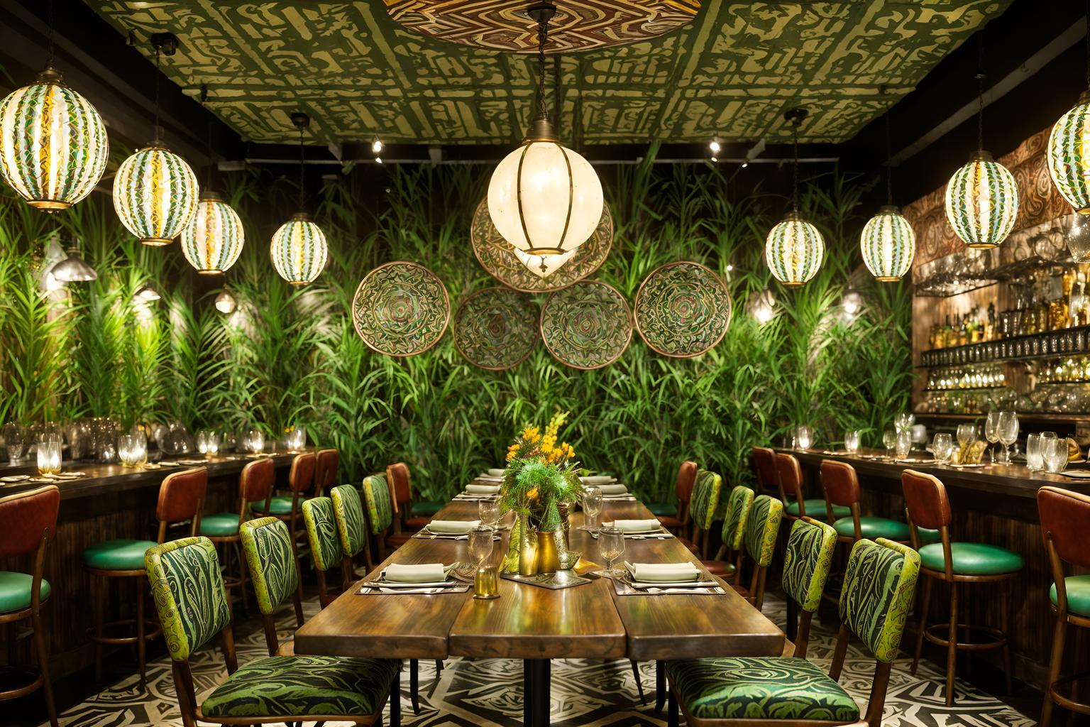 bohemian-style (restaurant interior) with restaurant chairs and restaurant dining tables and restaurant decor and restaurant bar and restaurant chairs. . with metals and mixed patterns and natural materials and bold patterns and lush green nature and carefree layers of pattern, texture, and color and playful patterns and playful colors. . cinematic photo, highly detailed, cinematic lighting, ultra-detailed, ultrarealistic, photorealism, 8k. bohemian interior design style. masterpiece, cinematic light, ultrarealistic+, photorealistic+, 8k, raw photo, realistic, sharp focus on eyes, (symmetrical eyes), (intact eyes), hyperrealistic, highest quality, best quality, , highly detailed, masterpiece, best quality, extremely detailed 8k wallpaper, masterpiece, best quality, ultra-detailed, best shadow, detailed background, detailed face, detailed eyes, high contrast, best illumination, detailed face, dulux, caustic, dynamic angle, detailed glow. dramatic lighting. highly detailed, insanely detailed hair, symmetrical, intricate details, professionally retouched, 8k high definition. strong bokeh. award winning photo.